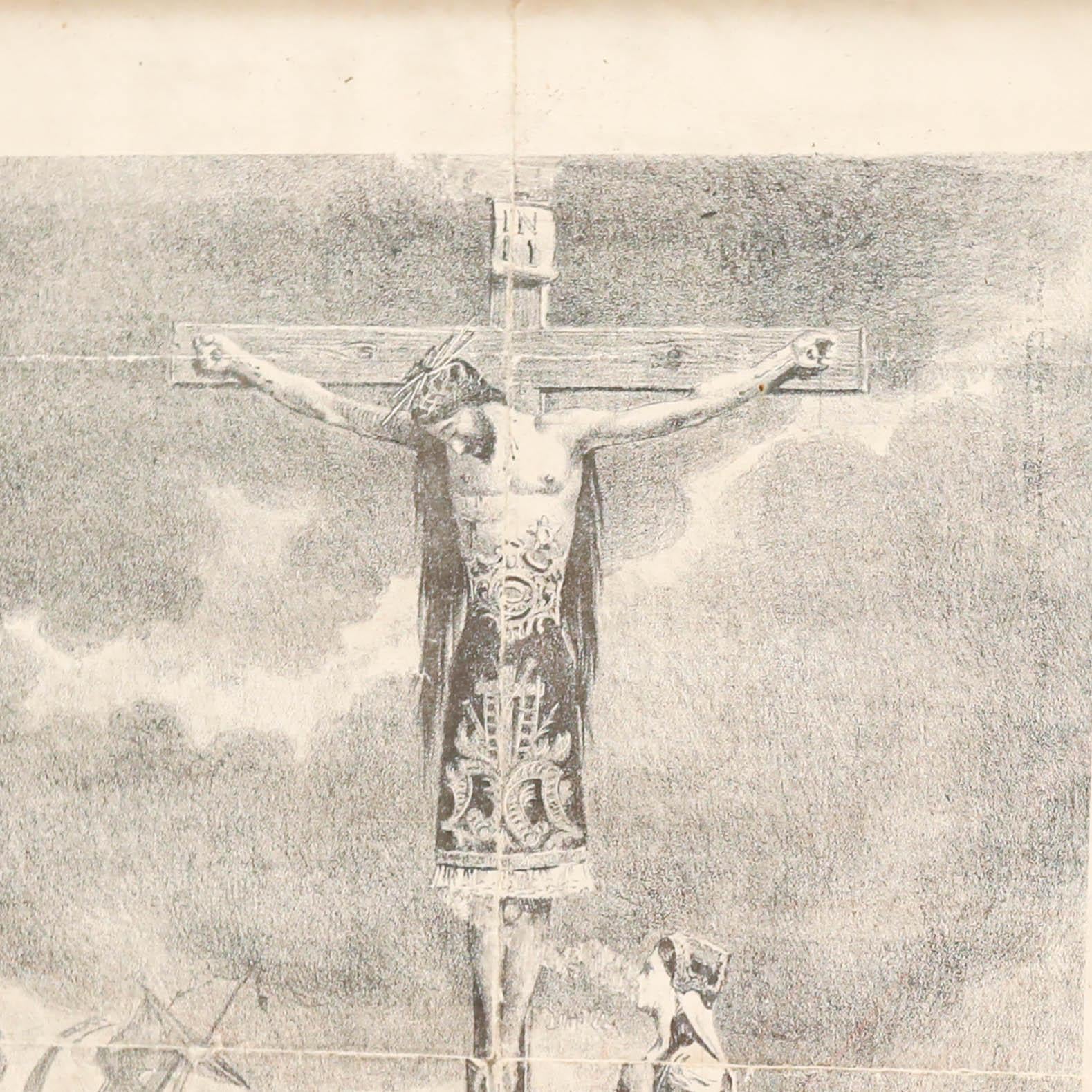 Toile Impression encadrée de Jésus sur la croix, gravure sur papier, datant d'environ 1930  en vente