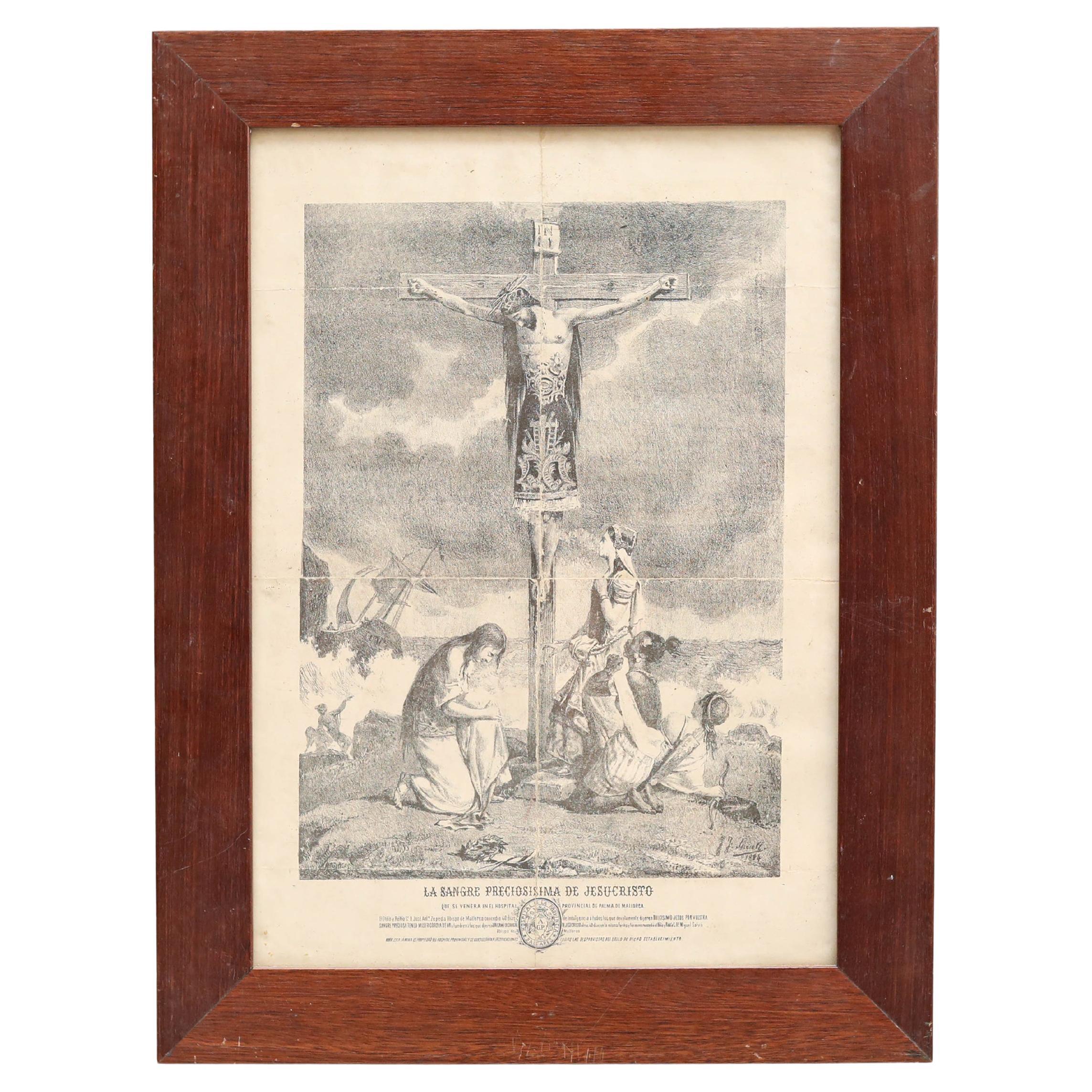 Impression encadrée de Jésus sur la croix, gravure sur papier, datant d'environ 1930  en vente