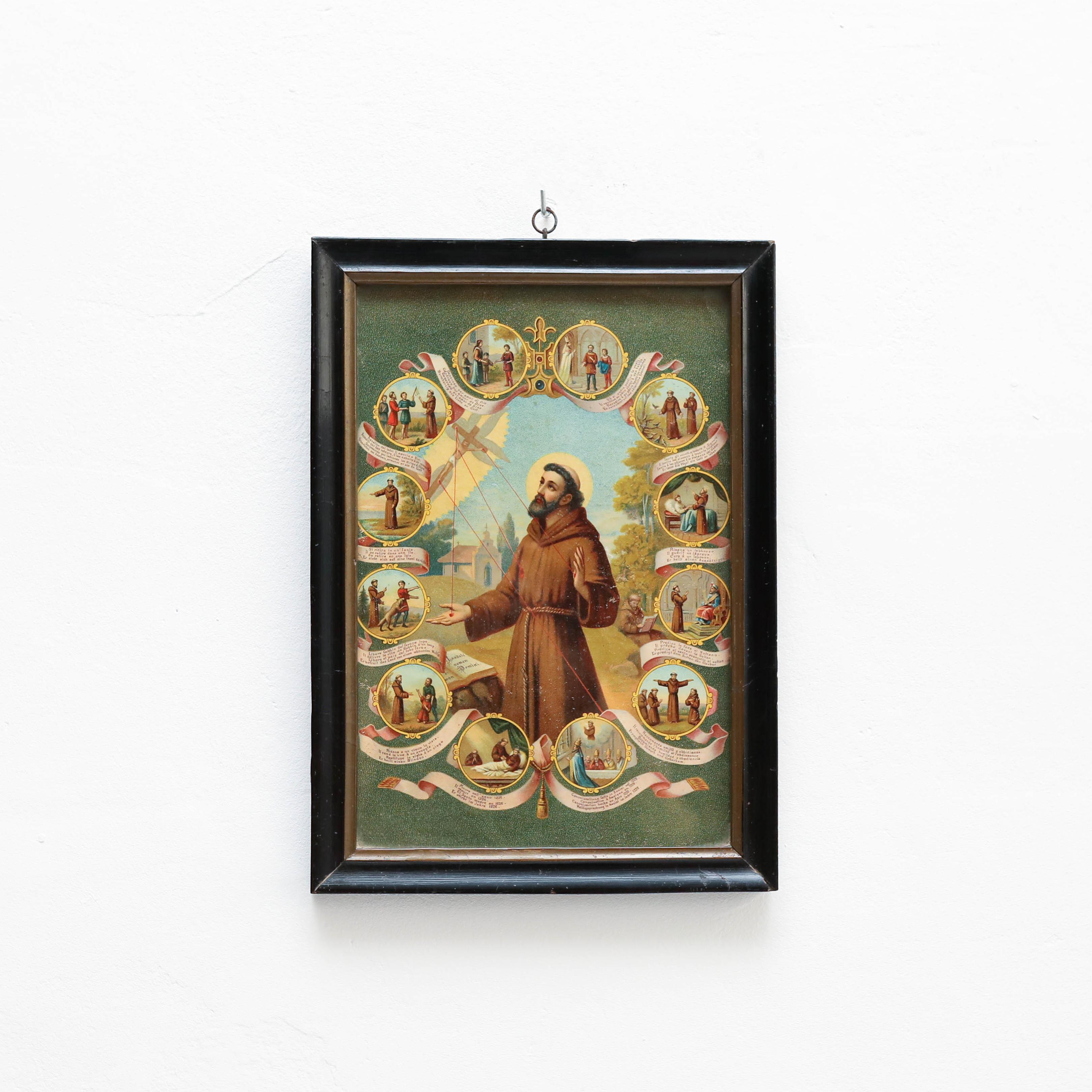 Framed print of Saint Anthony.

By unknown artist, circa 1940.

In original condition, with some visible signs of previous use and age, preserving a beautiful patina.
   