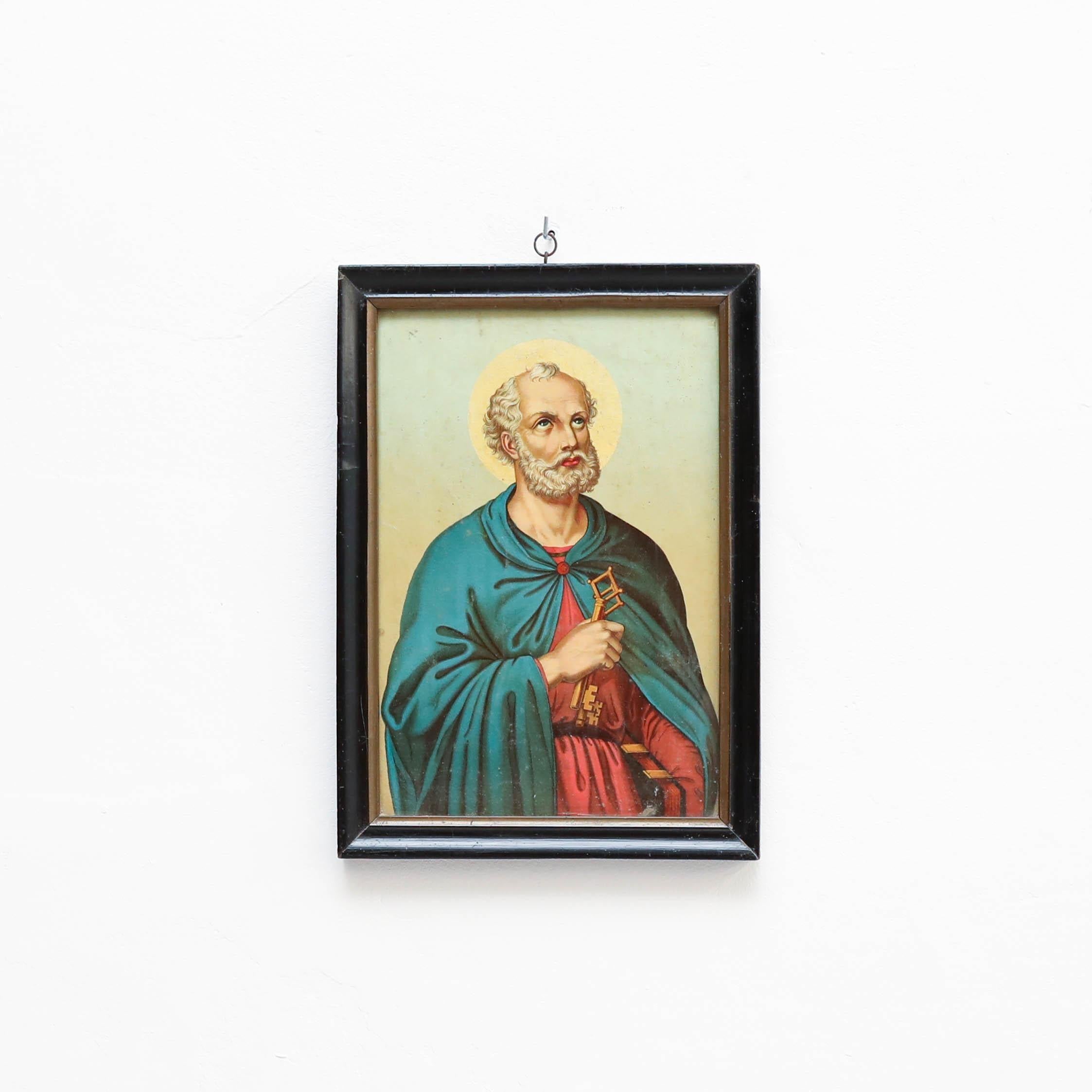 Framed print of Saint Peter with the keys to heaven.    By unknown artist, circa 1940.    In original condition, with some visible signs of previous use and age, preserving a beautiful patina.    
