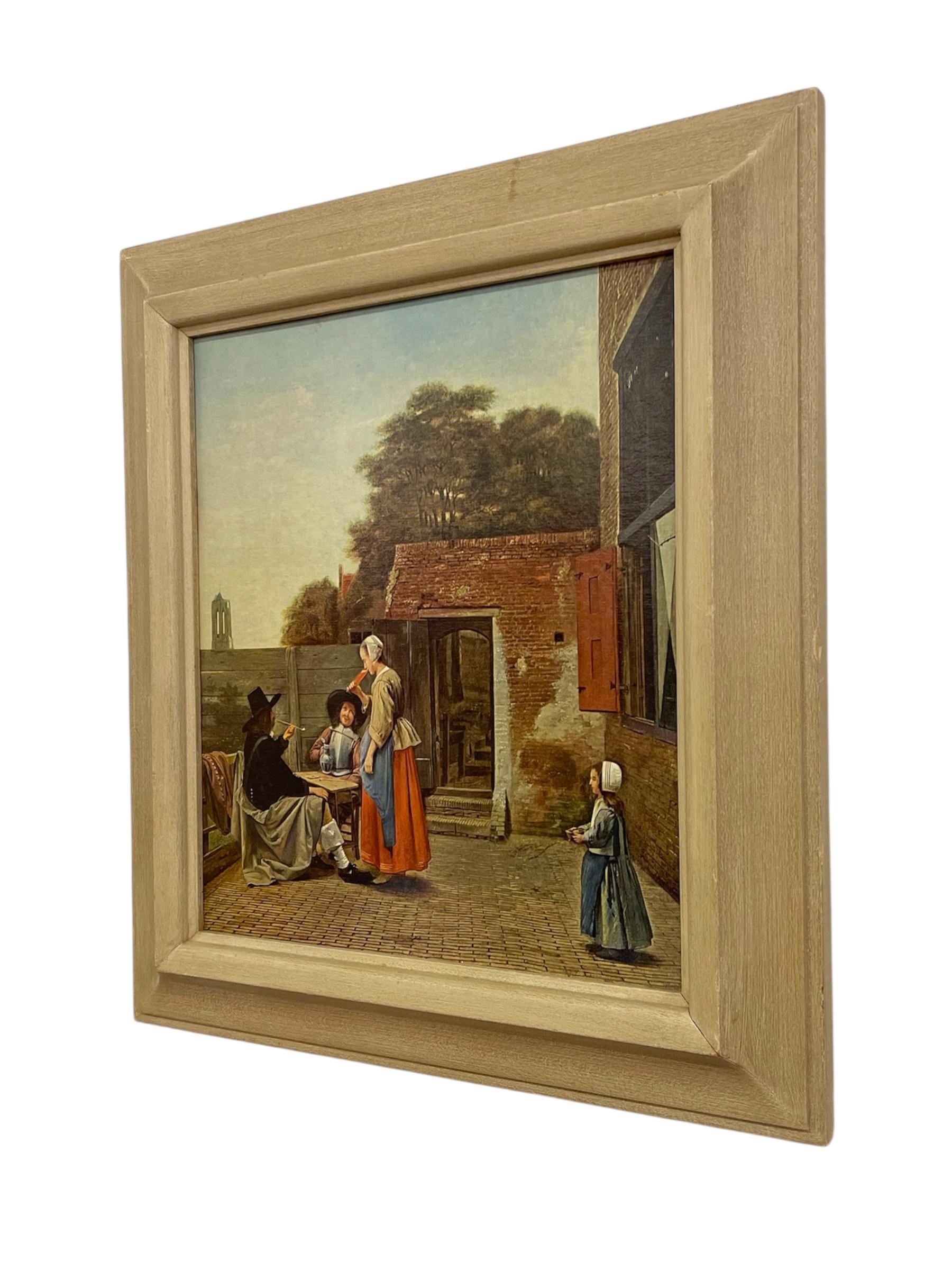 Mid-Century Modern Gravure encadrée Reproduction d'une cour hollandaise par Pieter de Hooch Milieu du XXe siècle en vente