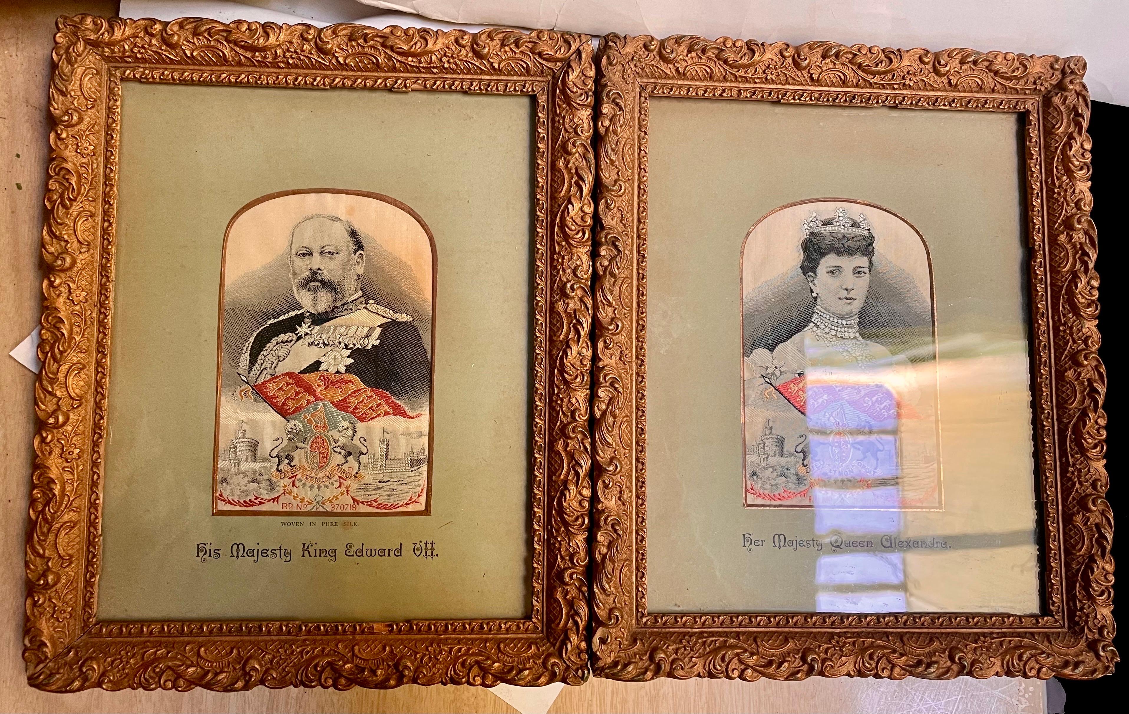 This is a very sweet pair of Stevengraphs finely woven from silk, of the royal couple looking their best. They are housed in beautiful gesso frames that measure 9 inches by 11 inches. I haven't taken them apart to measure the nice weavings but the