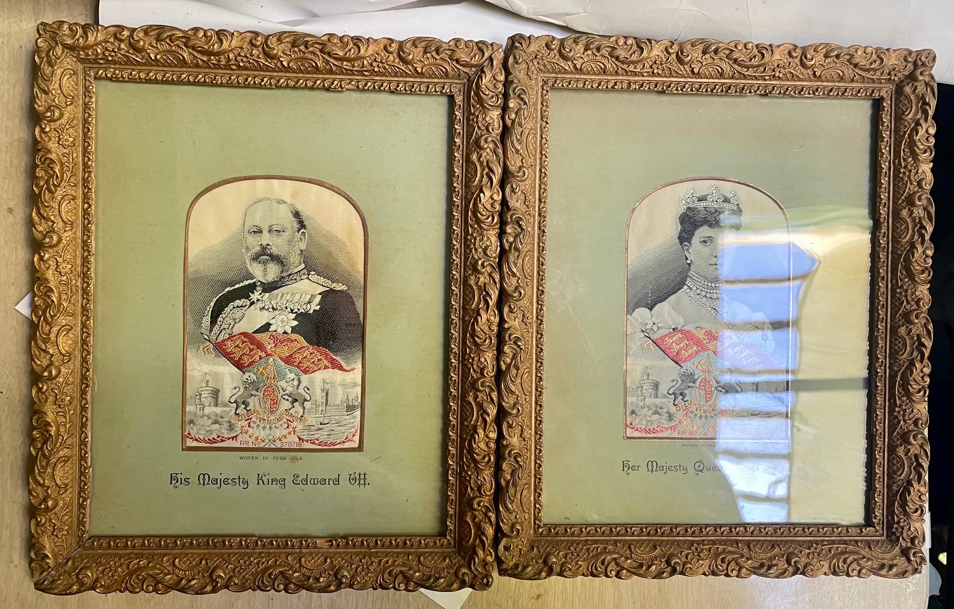 Edwardian Framed Pure Woven Silk Stevengraph of King Edward VII & Queen Alexandra For Sale