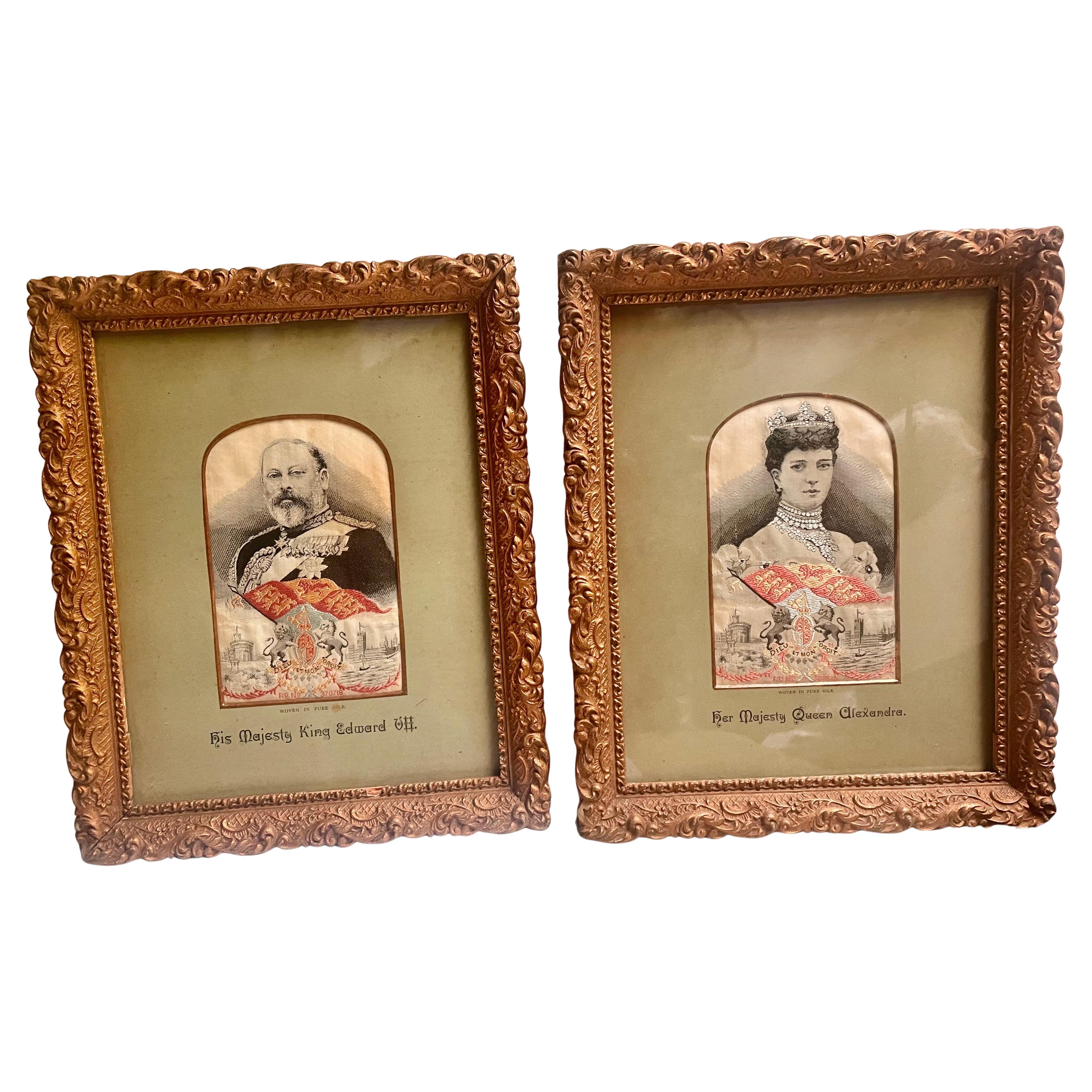 Framed Pure Woven Silk Stevengraph of King Edward VII 
Queen Alexandra For Sale