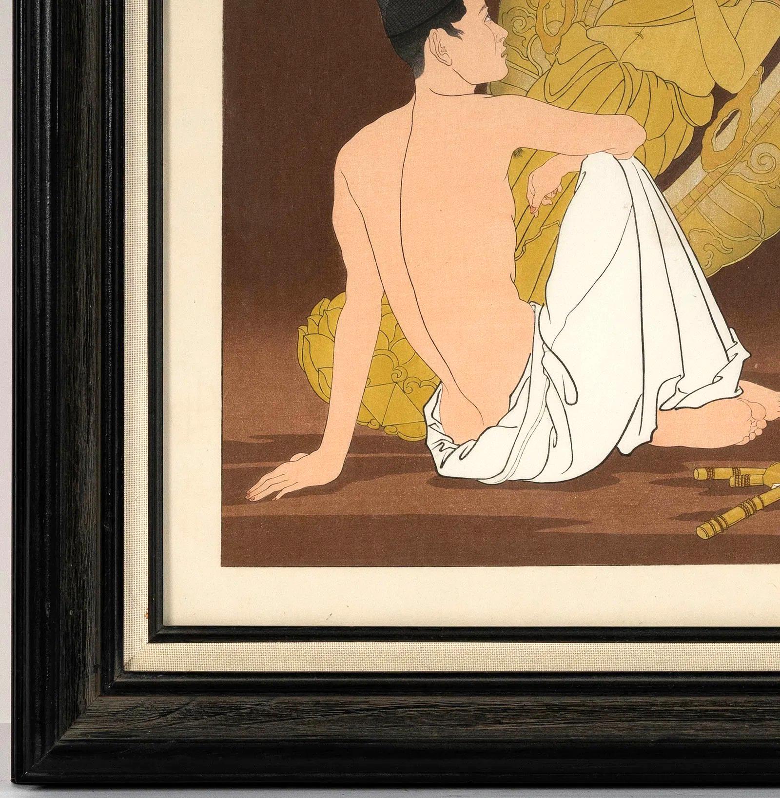 Ein japanischer Farbholzschnitt von Paul Jacoulet (Französisch, 1896-1960) mit dem Titel Le Genie Sans Nom, Coree, (Der unbekannte Genie), präsentiert in einem schönen Holzrahmen. Der 1953 geschaffene Druck ist relativ selten, es gibt nur eine