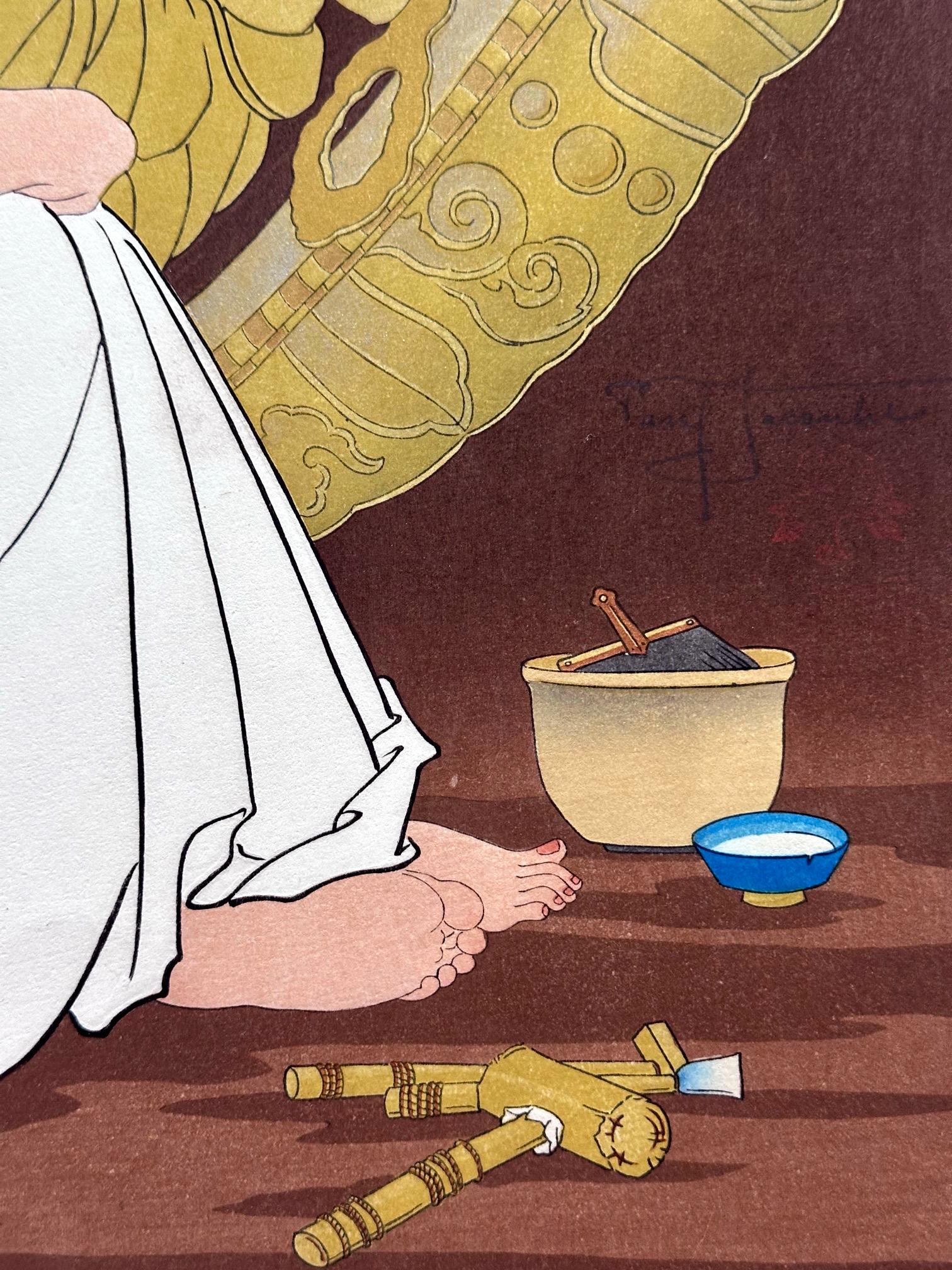 Gerahmter seltener japanischer Farbholzschnitt Le Genie Sans Nom von Paul Jacoulet (Holz) im Angebot