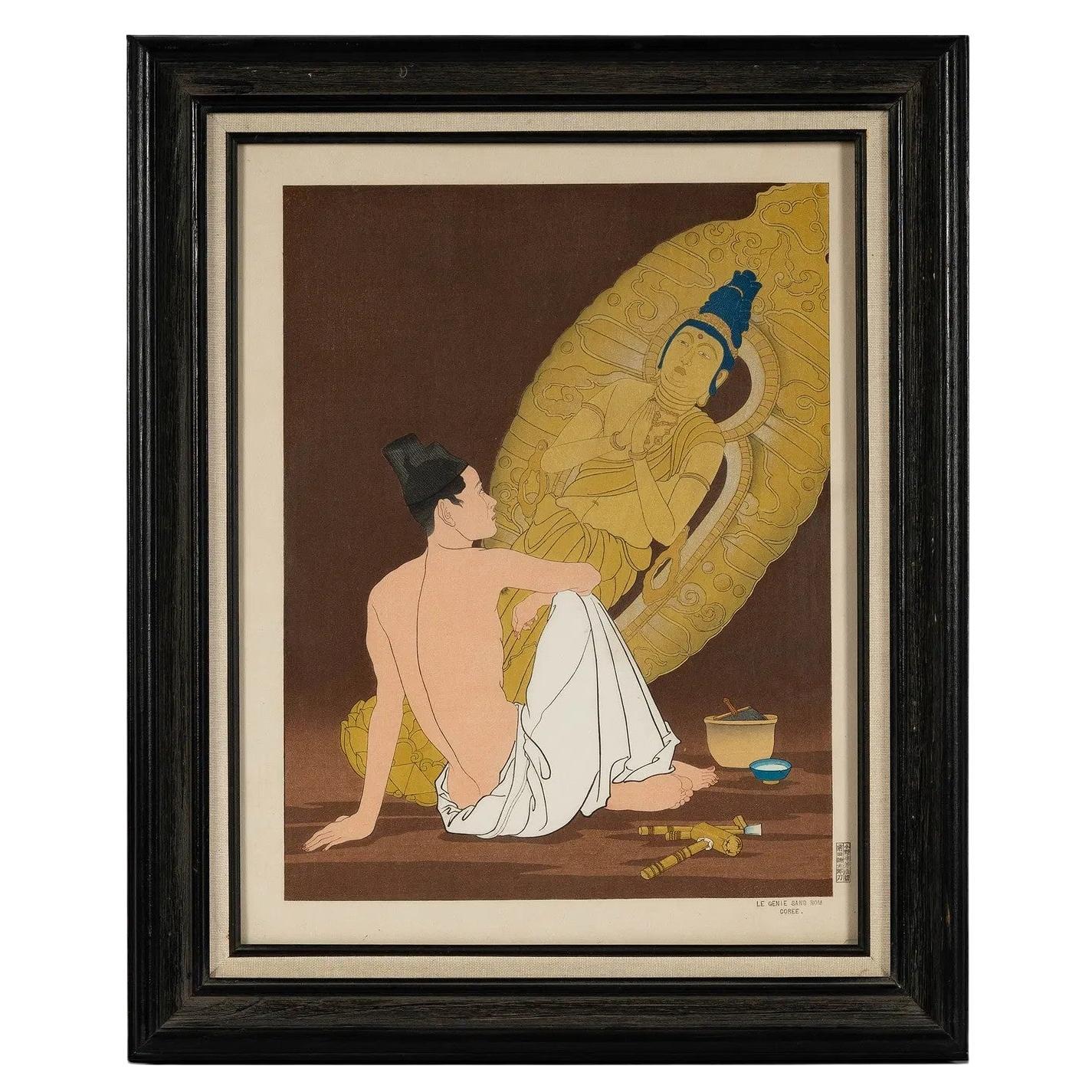 Framed Rare Japanese Woodblock Print Le Genie Sans Nom by Paul Jacoulet