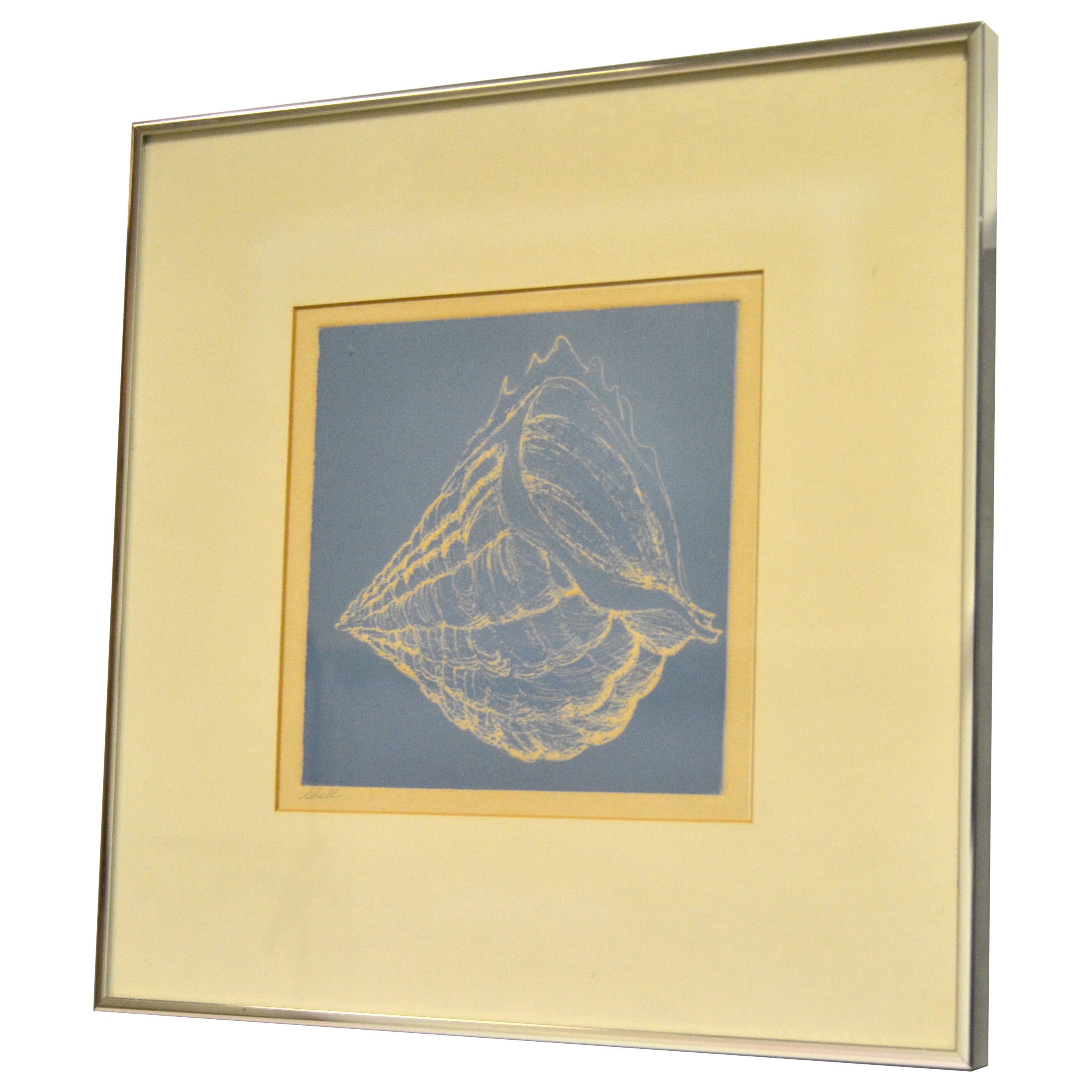 Nautische Muschel Bleistiftmalerei in Beige auf blauem Papier.
Gebürsteter Chromrahmen zum sicheren Aufhängen. 
Betitelt Shell, und Kunst Größe ist 13,5 x 9,38 Zoll.

O-617-335