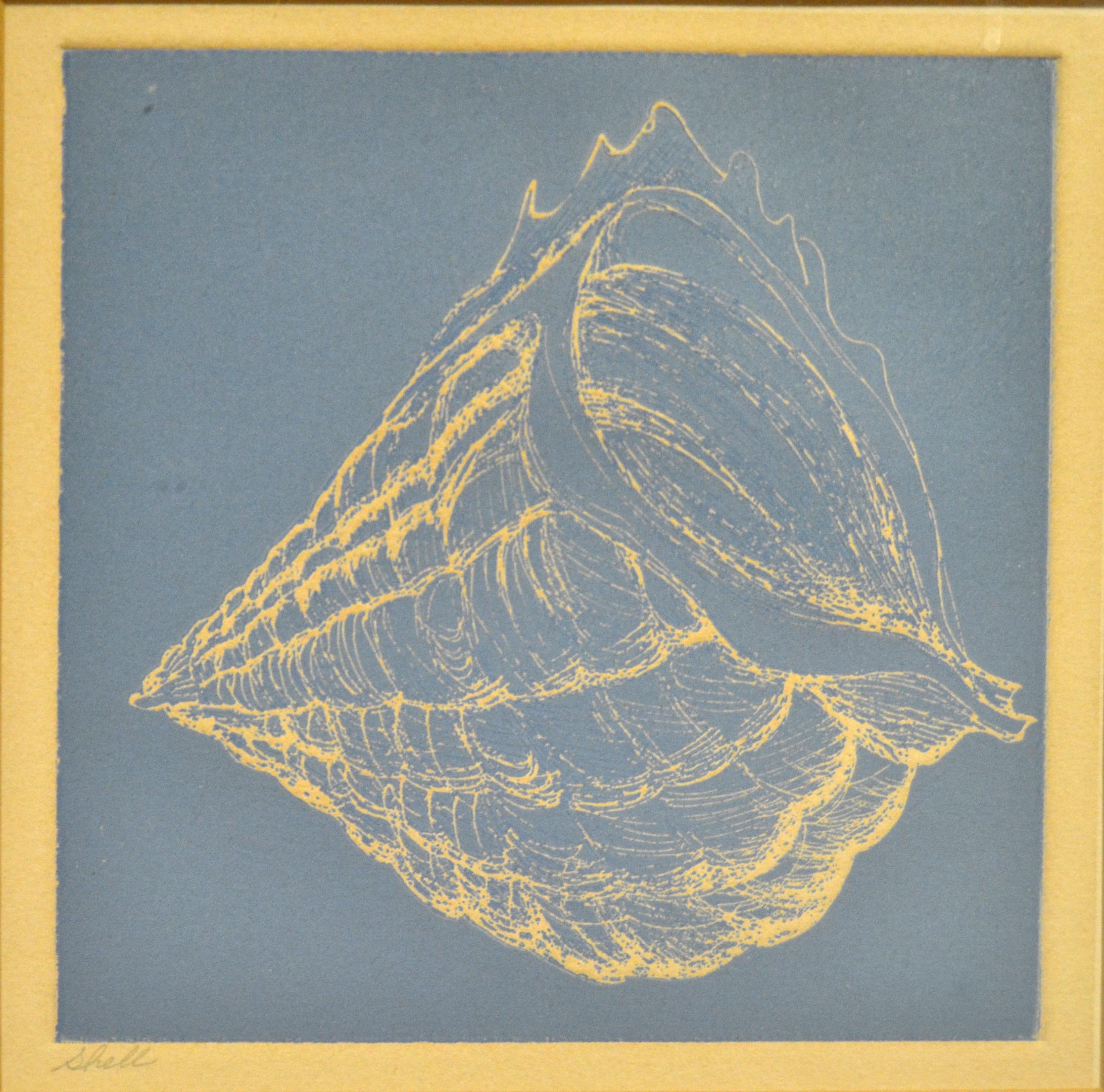 Nautical Seashell Pencil Painting in Beige on blue Paper.
Brushed Chrome Frame for secure hanging. 
Titled Shell, and Art Size is 13.5 x 9.38 inches.