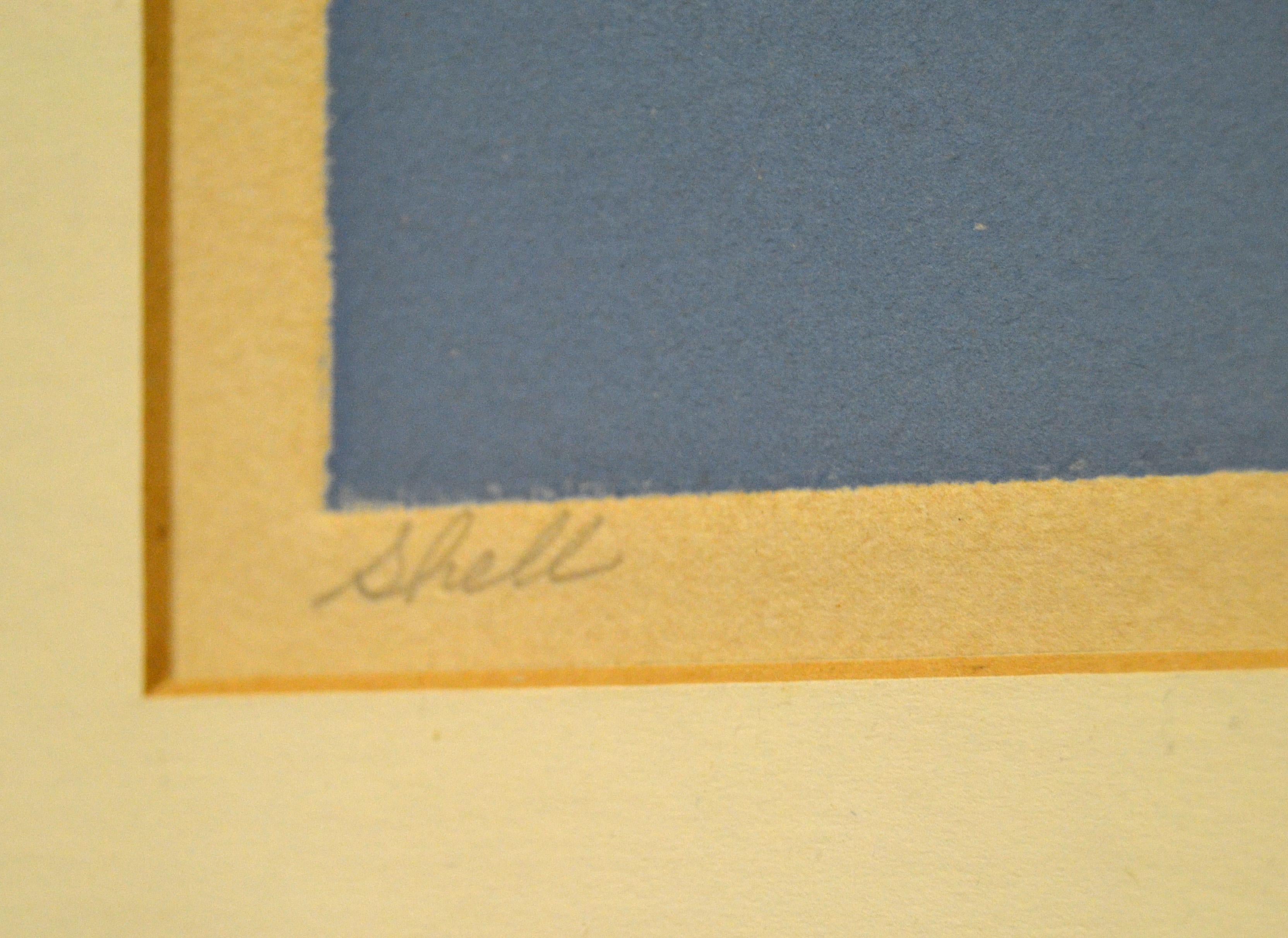 Framed Realism Blue & Beige Seashell Pencil Painting, Fine Art Brushed Chrome  For Sale 1