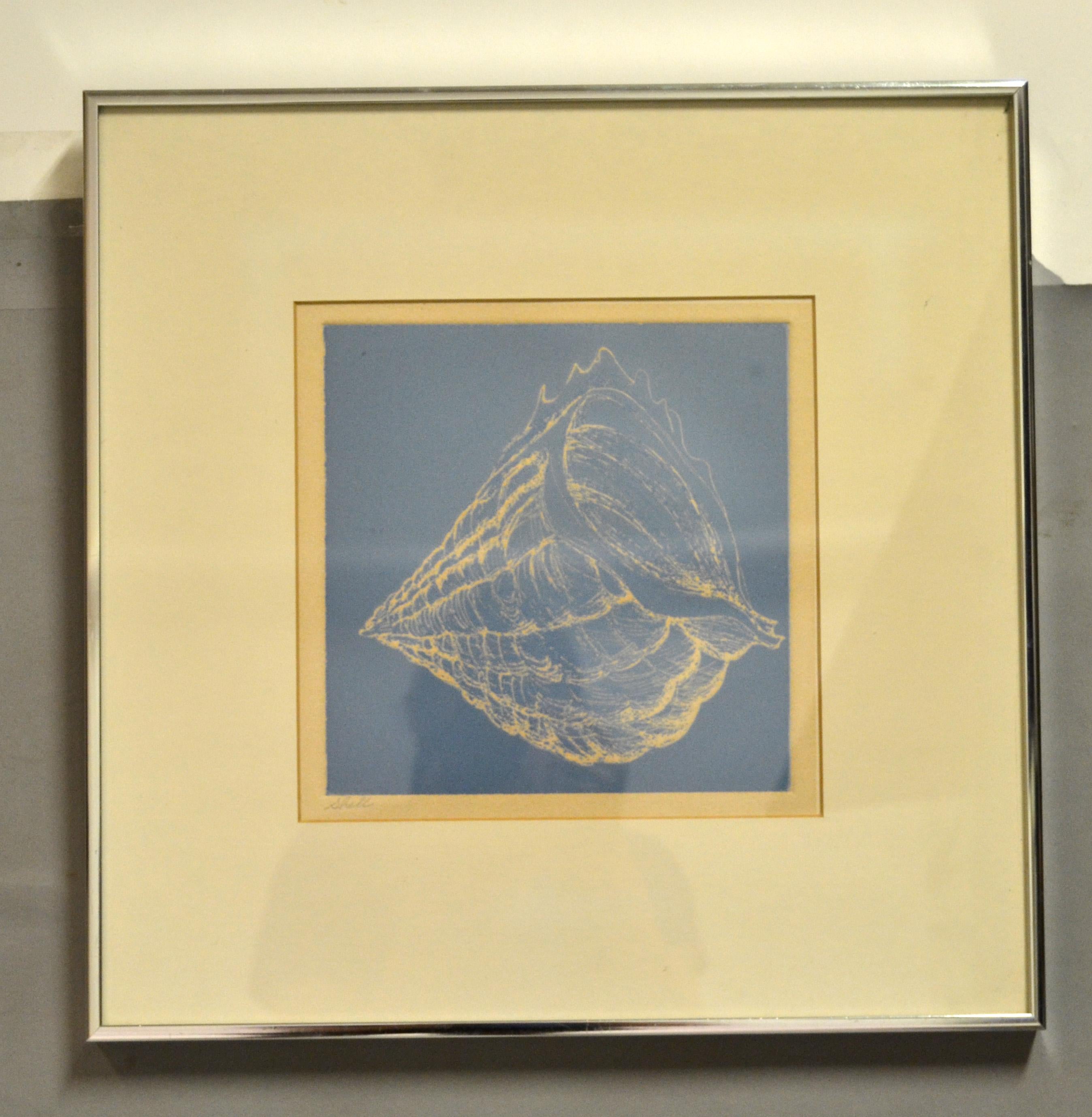 Framed Realism Blue & Beige Seashell Pencil Painting, Fine Art Brushed Chrome  For Sale 2