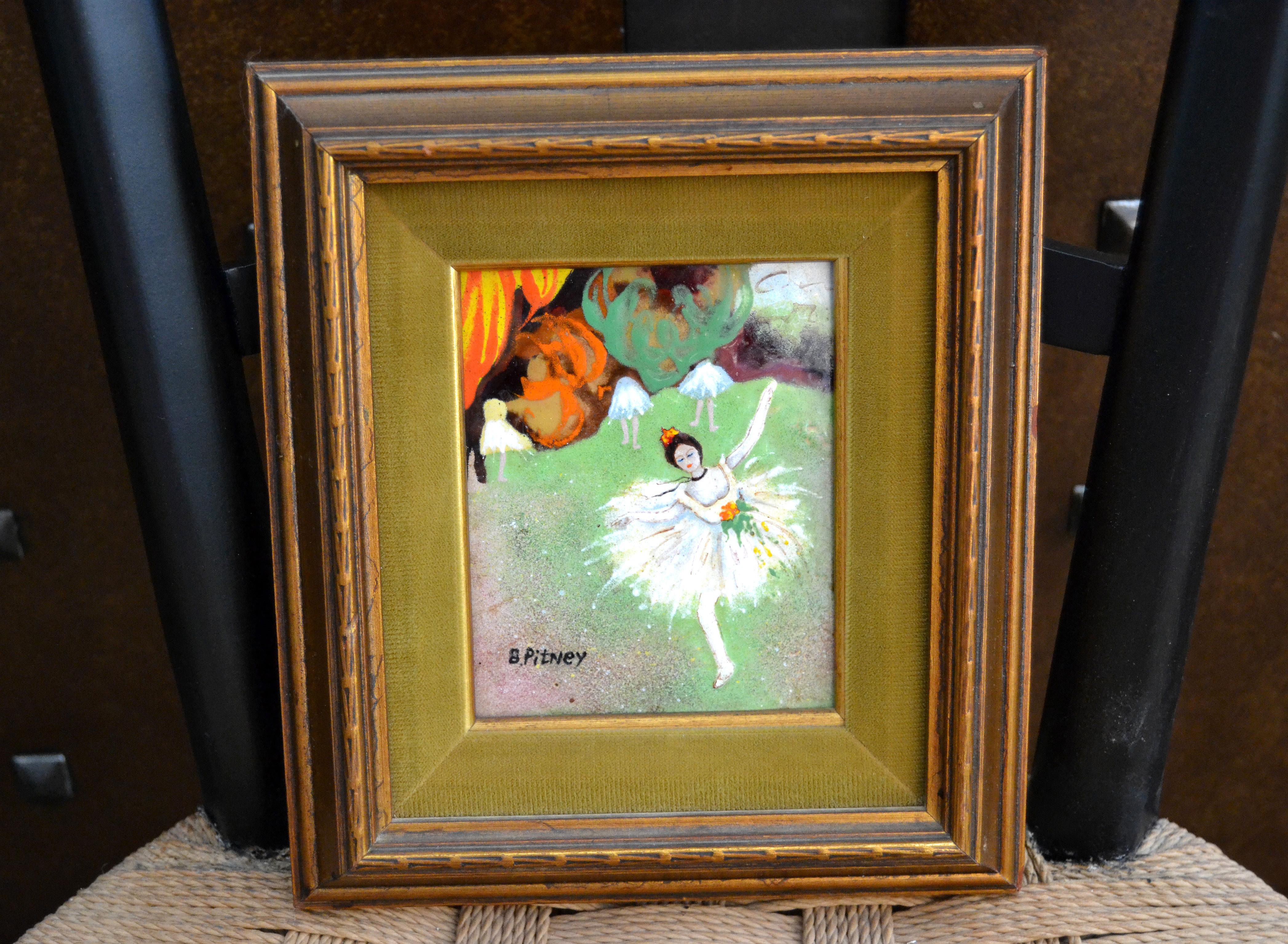 Framed Realism Enamel Painting on Copper by B. Pitney Dancing Ballerina 1