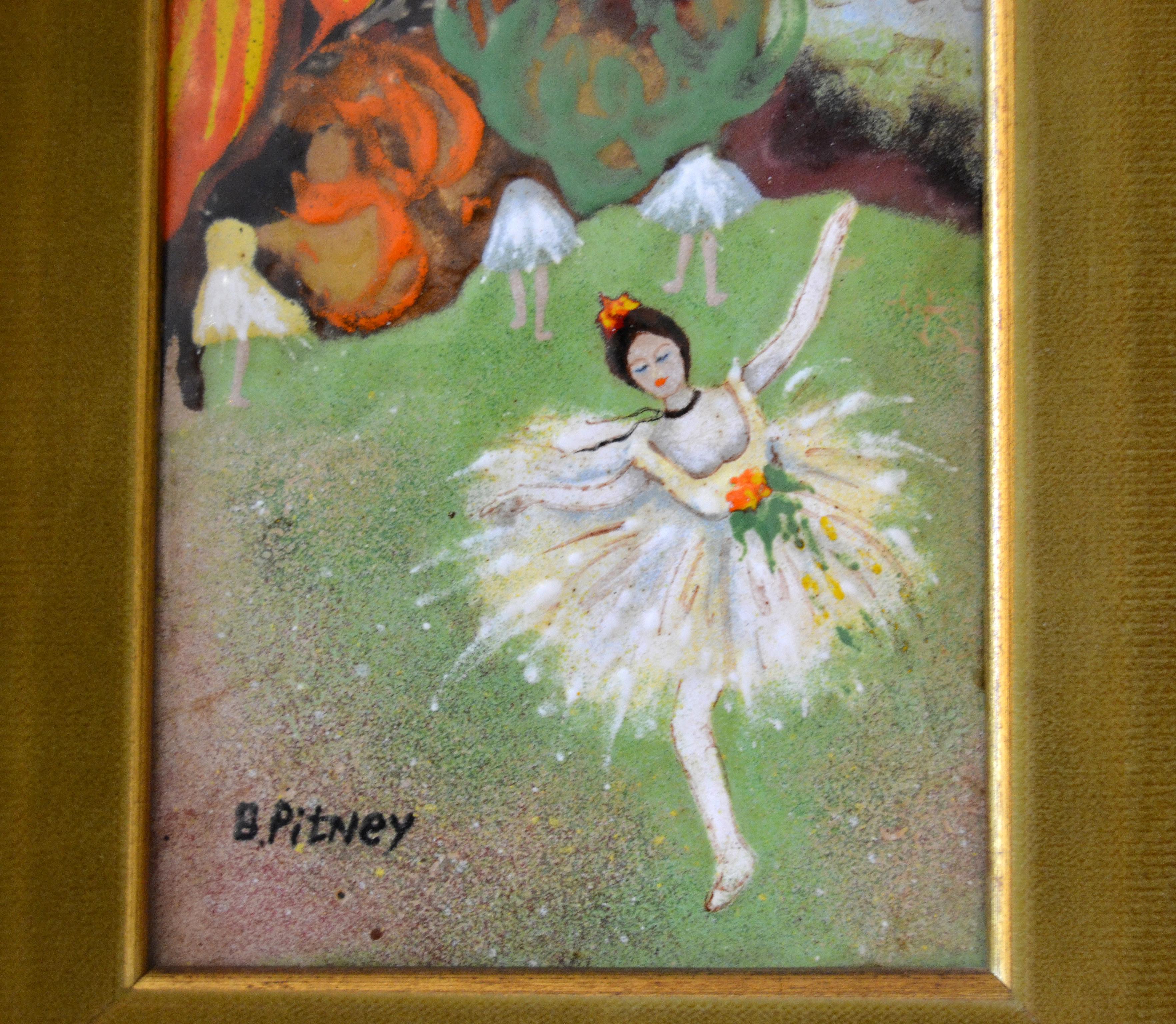 Mid-Century Modern Framed Realism Enamel Painting on Copper by B. Pitney Dancing Ballerina