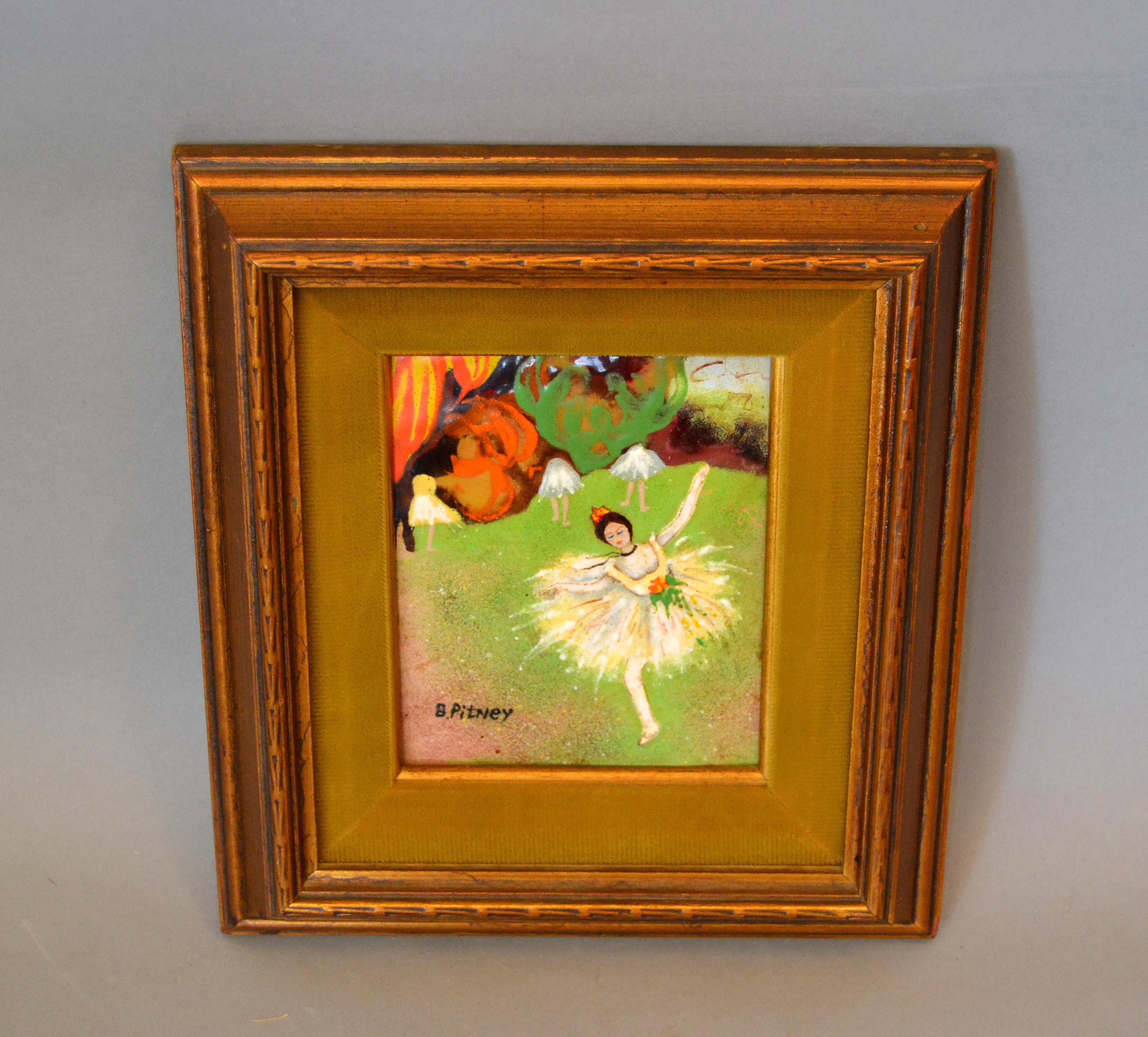 Framed Realism Enamel Painting on Copper by B. Pitney Dancing Ballerina In Good Condition In Miami, FL
