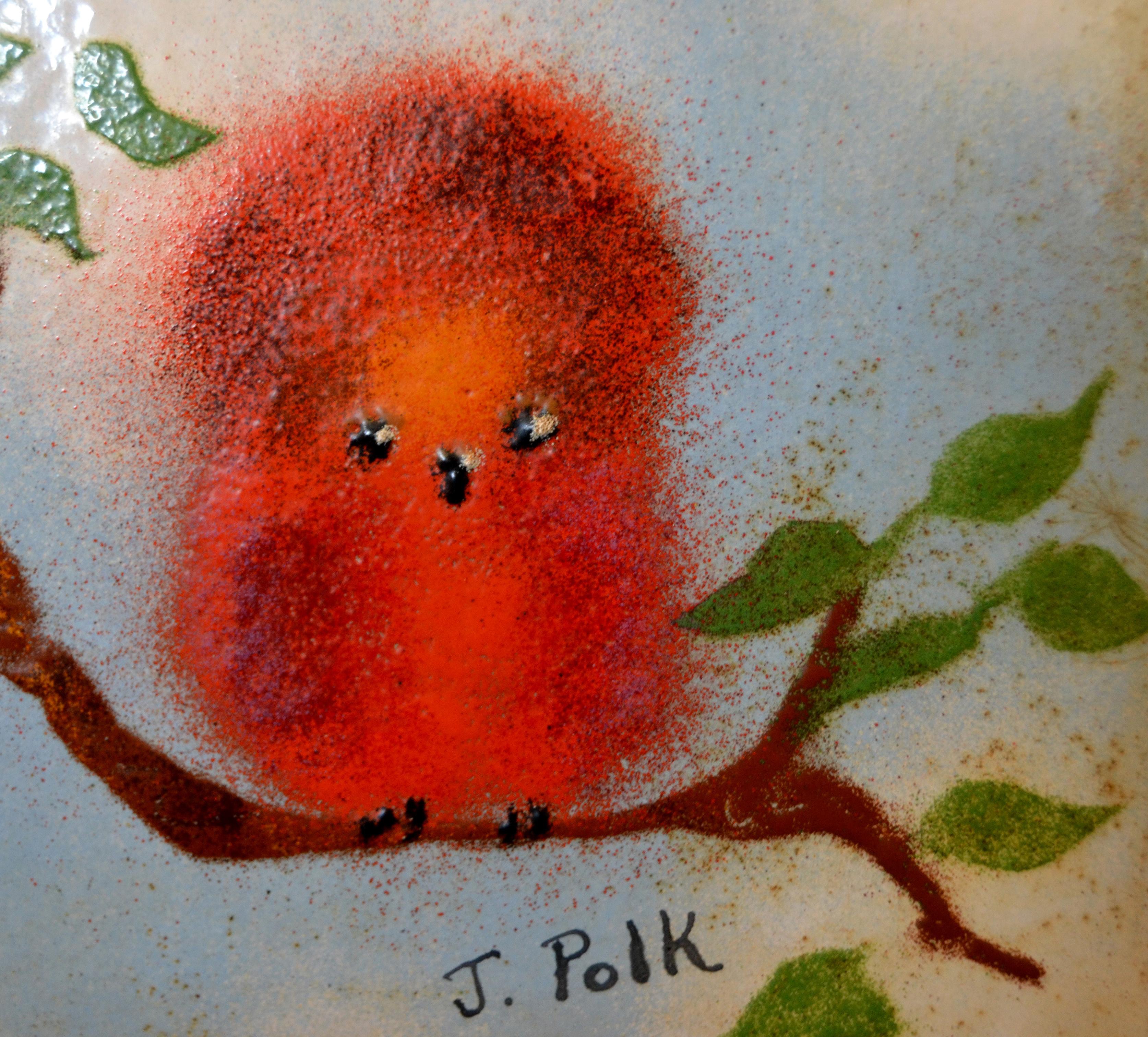 Framed Realism Enamel Painting on Copper by J. Polk Three Birds Sitting on Tree 3