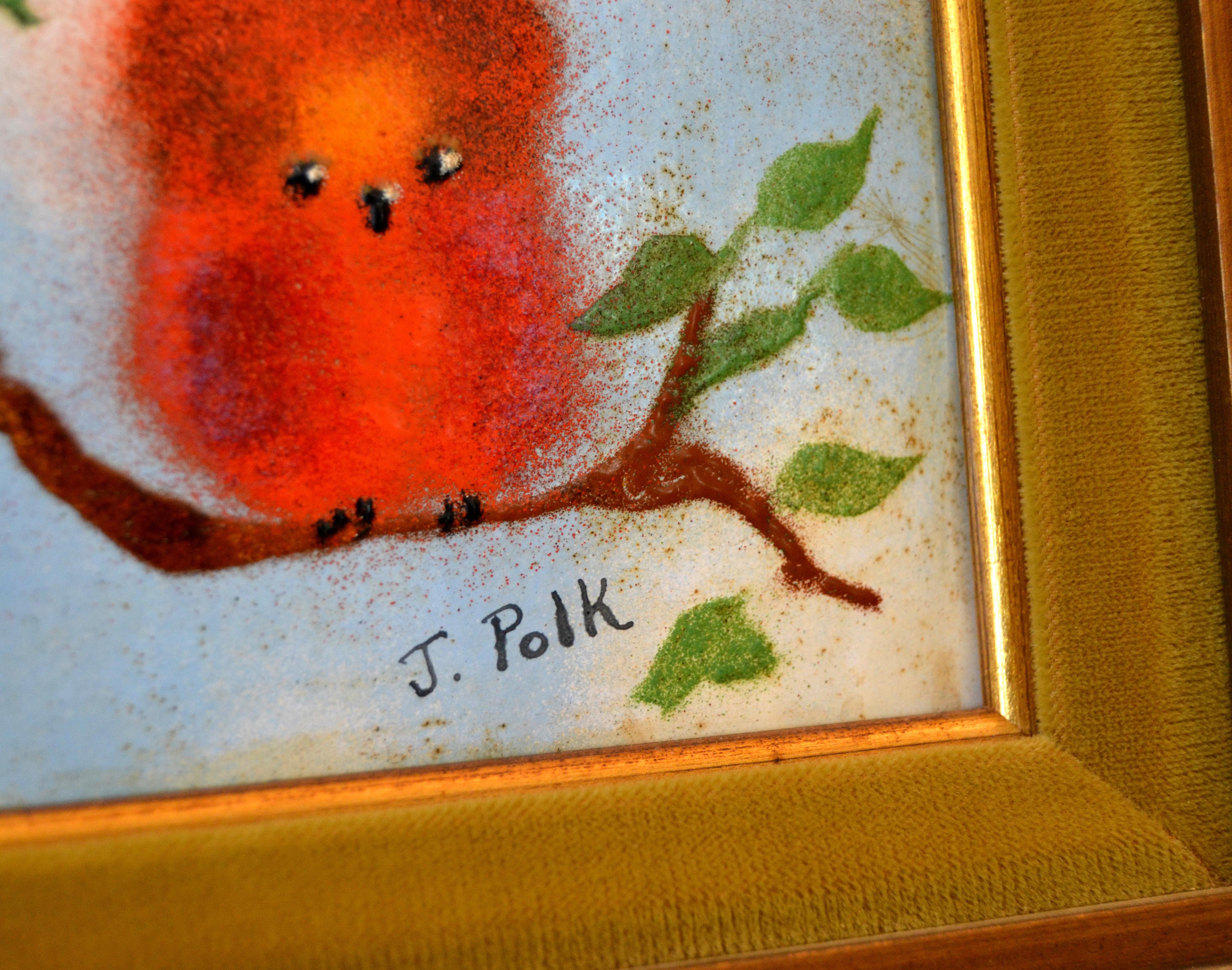 Framed Realism Enamel Painting on Copper by J. Polk Three Birds Sitting on Tree 4