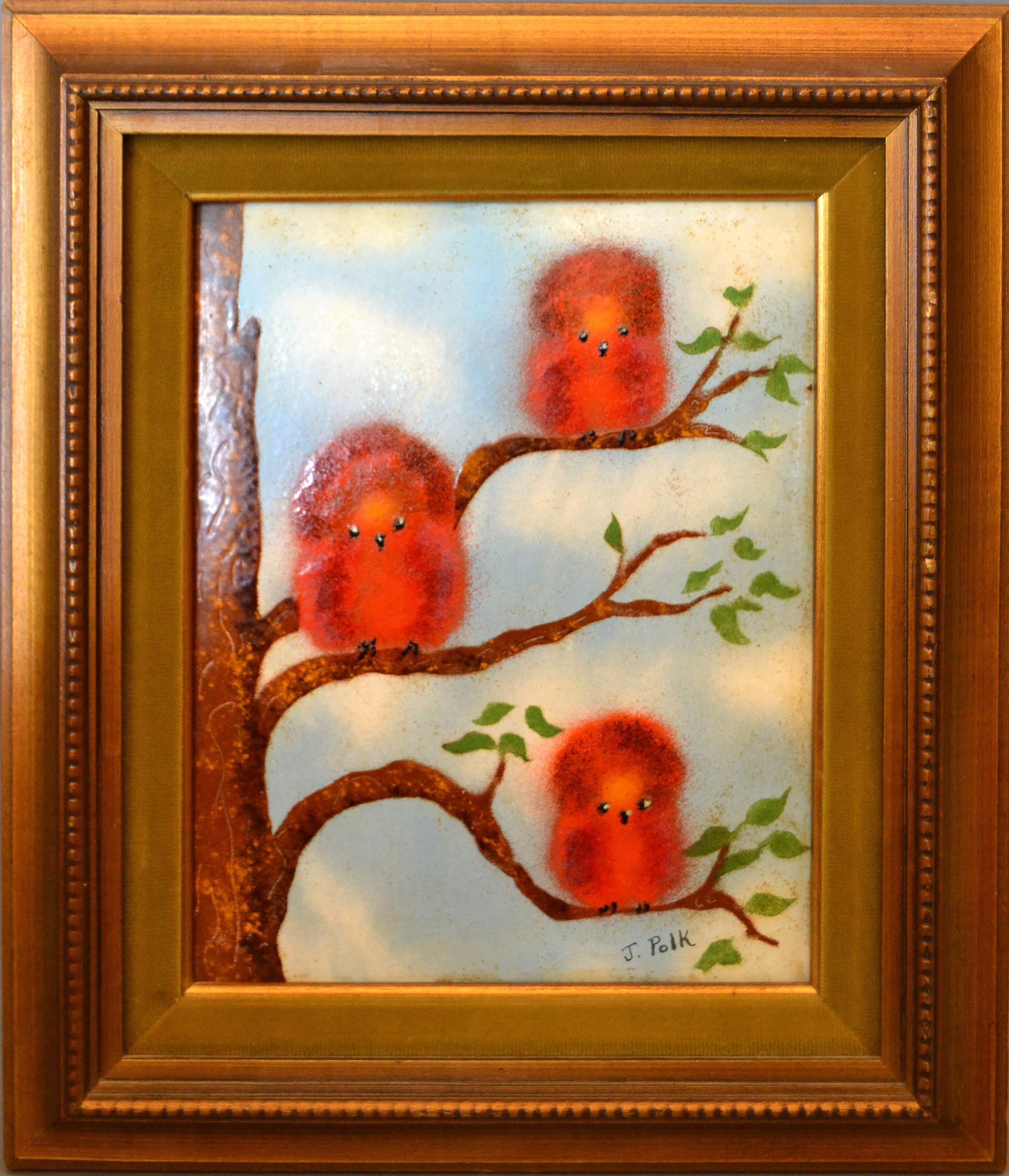 Framed Realism Enamel Painting on Copper by J. Polk Three Birds Sitting on Tree 5