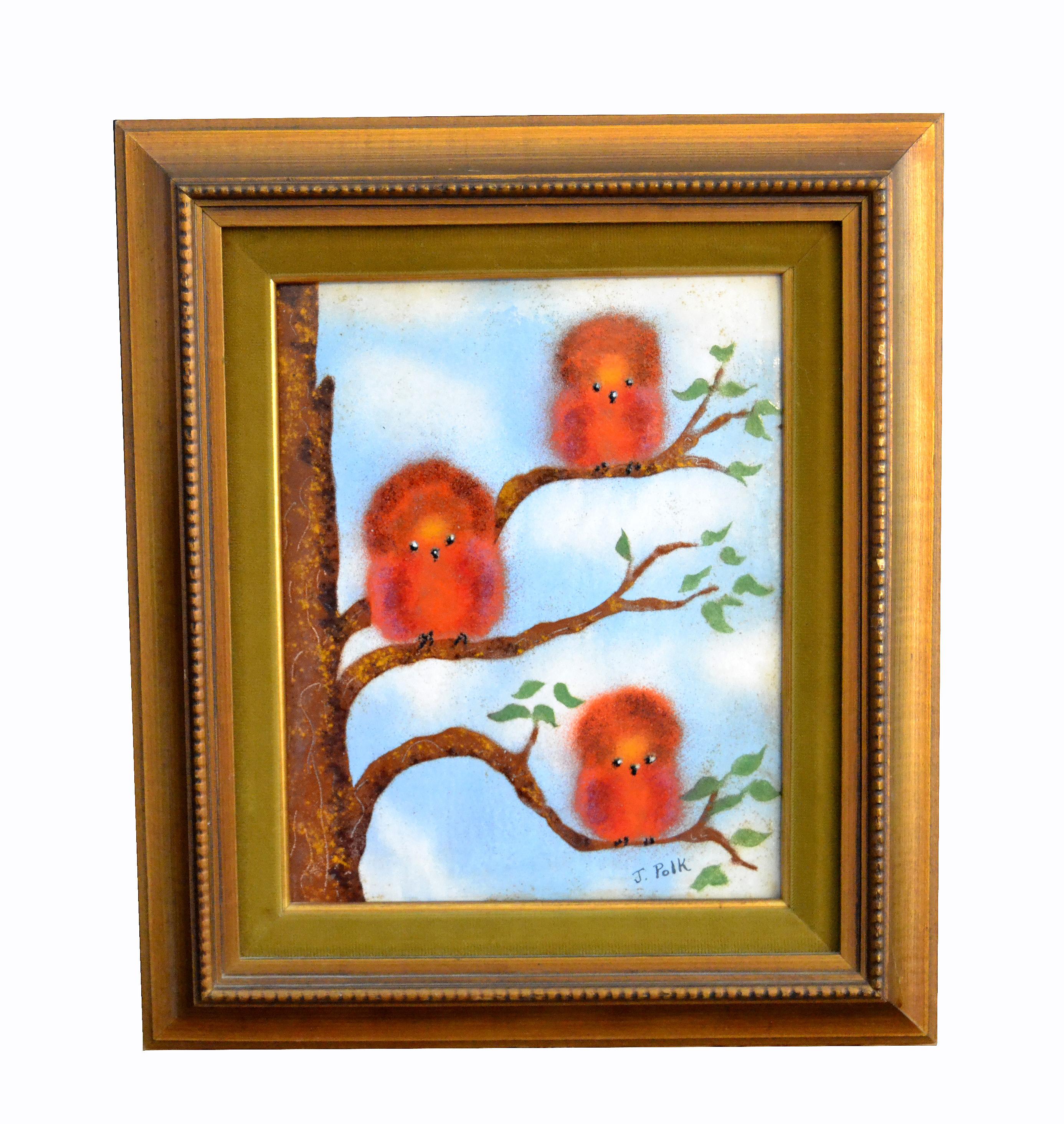 Framed realism enamel painting on copper by J. Polk three birds sitting on a tree.
Signed by Artist.