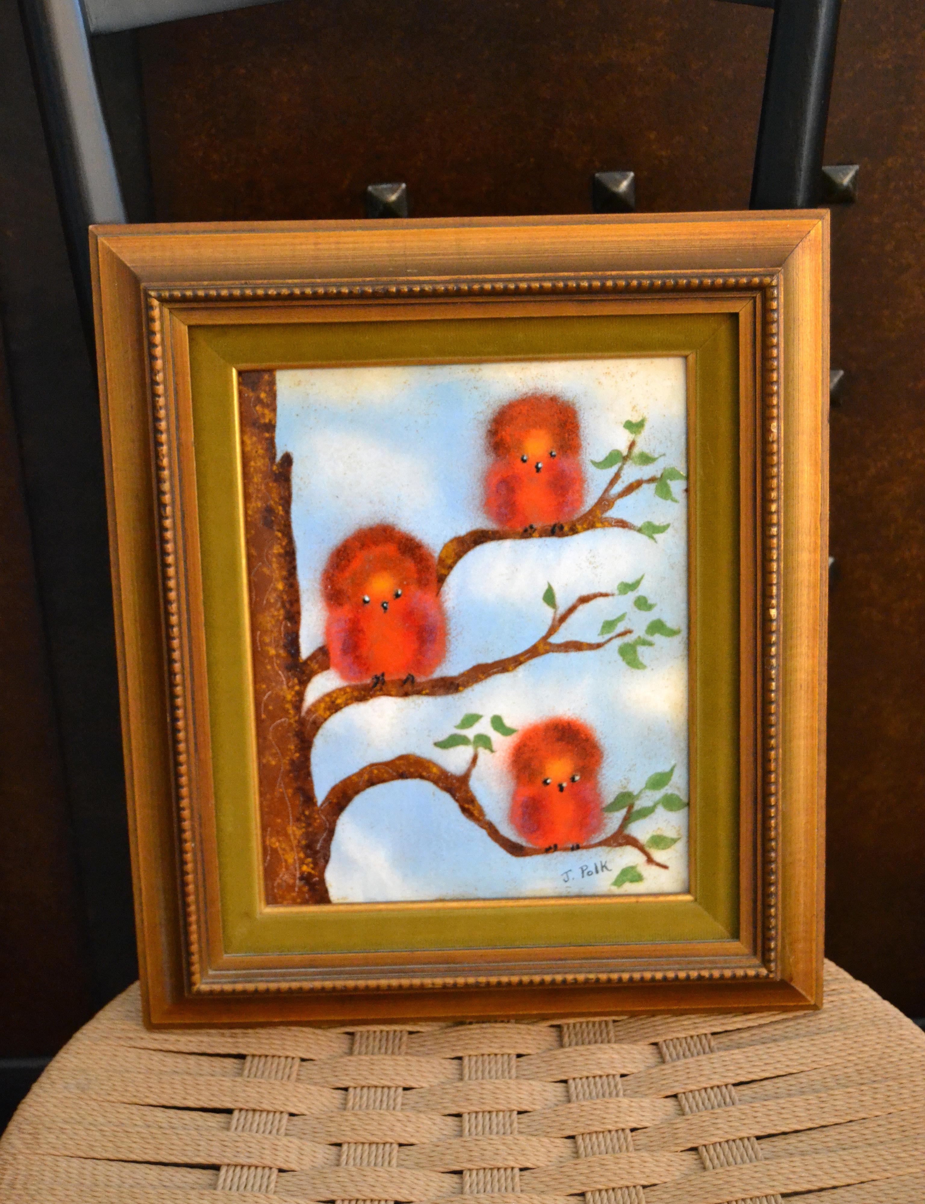 Mid-Century Modern Framed Realism Enamel Painting on Copper by J. Polk Three Birds Sitting on Tree