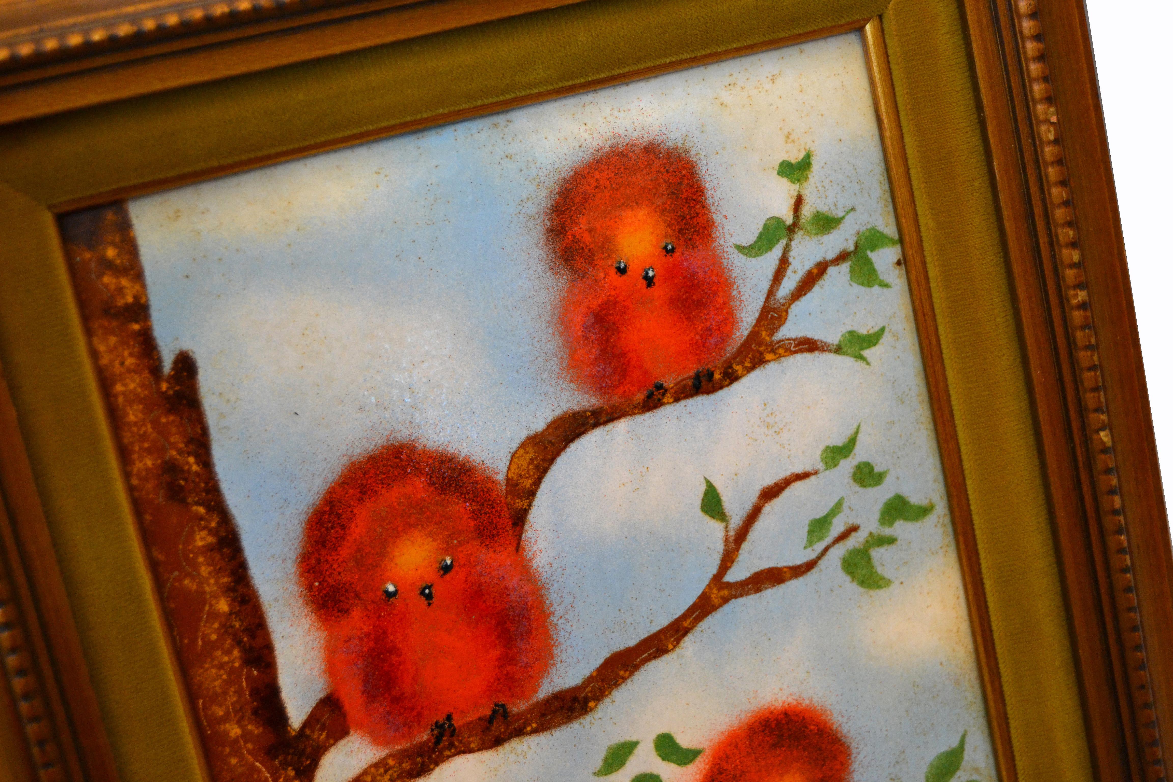 American Framed Realism Enamel Painting on Copper by J. Polk Three Birds Sitting on Tree