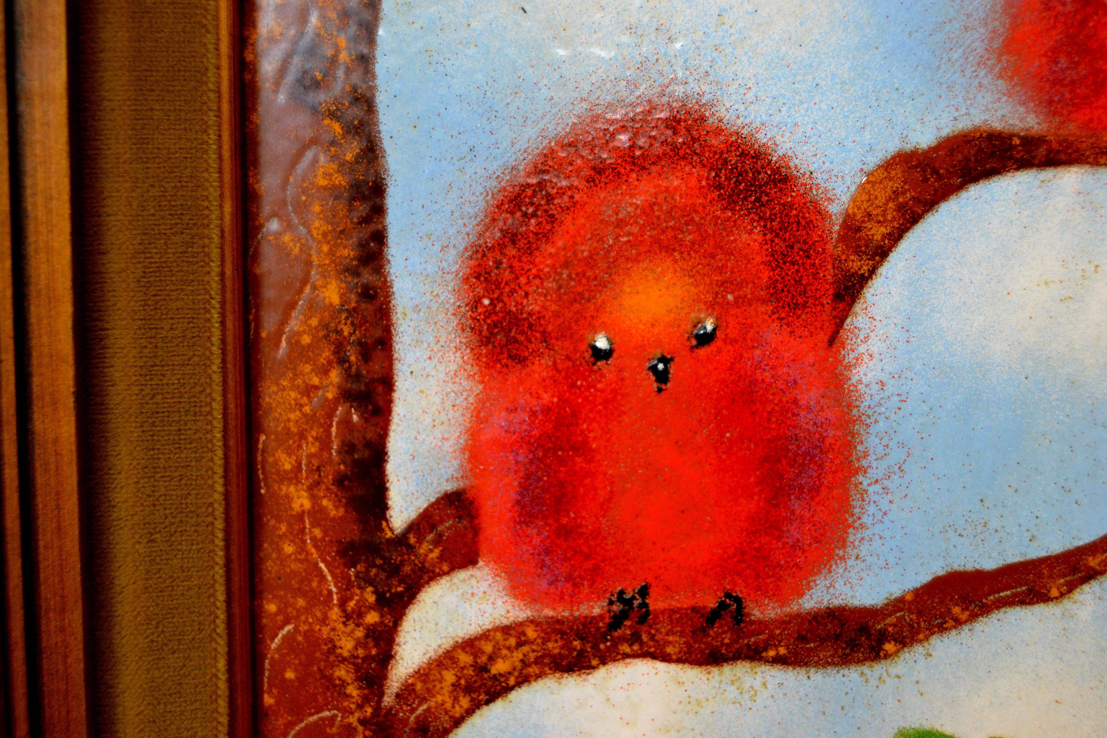 Hand-Crafted Framed Realism Enamel Painting on Copper by J. Polk Three Birds Sitting on Tree