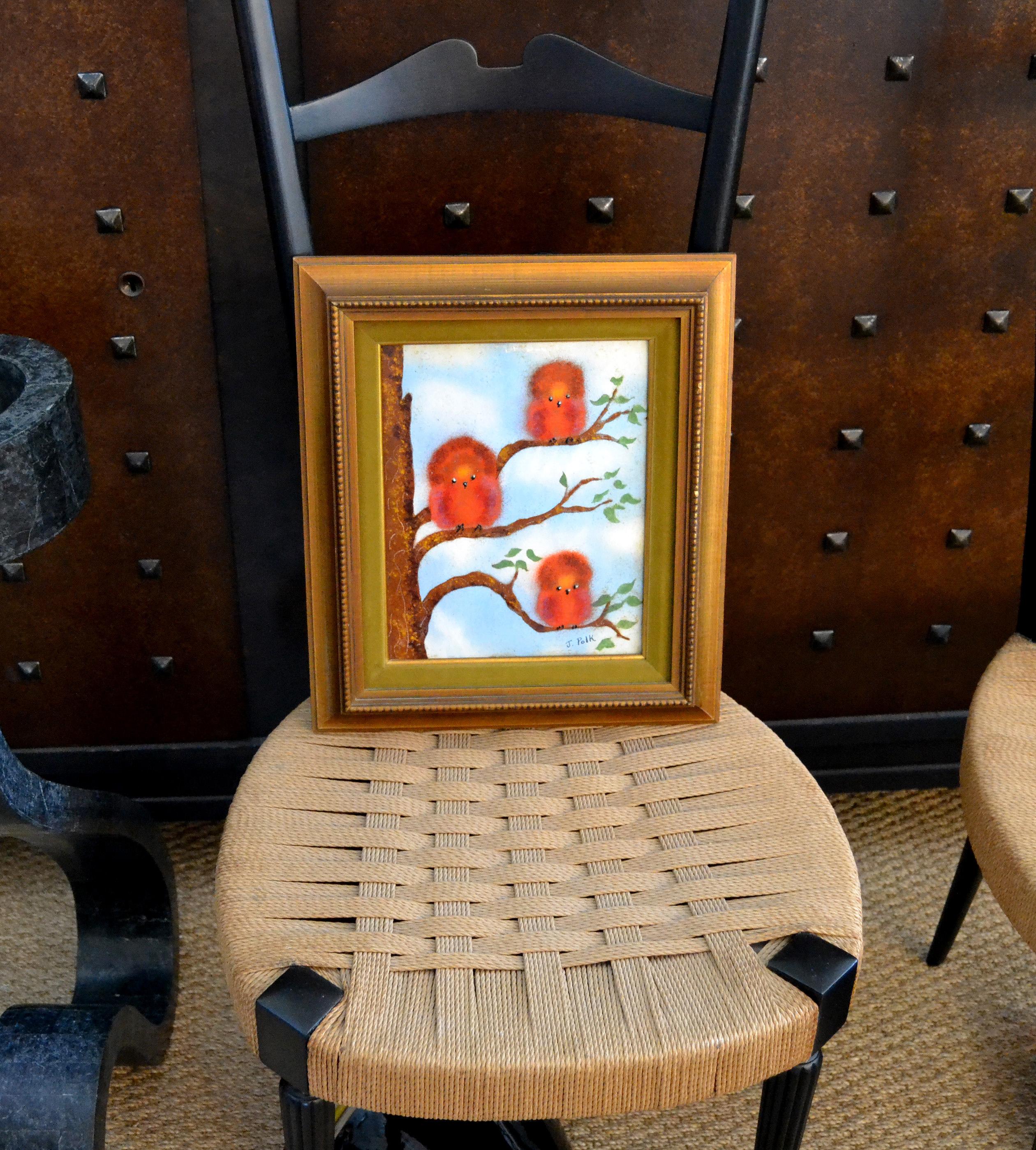 Framed Realism Enamel Painting on Copper by J. Polk Three Birds Sitting on Tree In Good Condition In Miami, FL