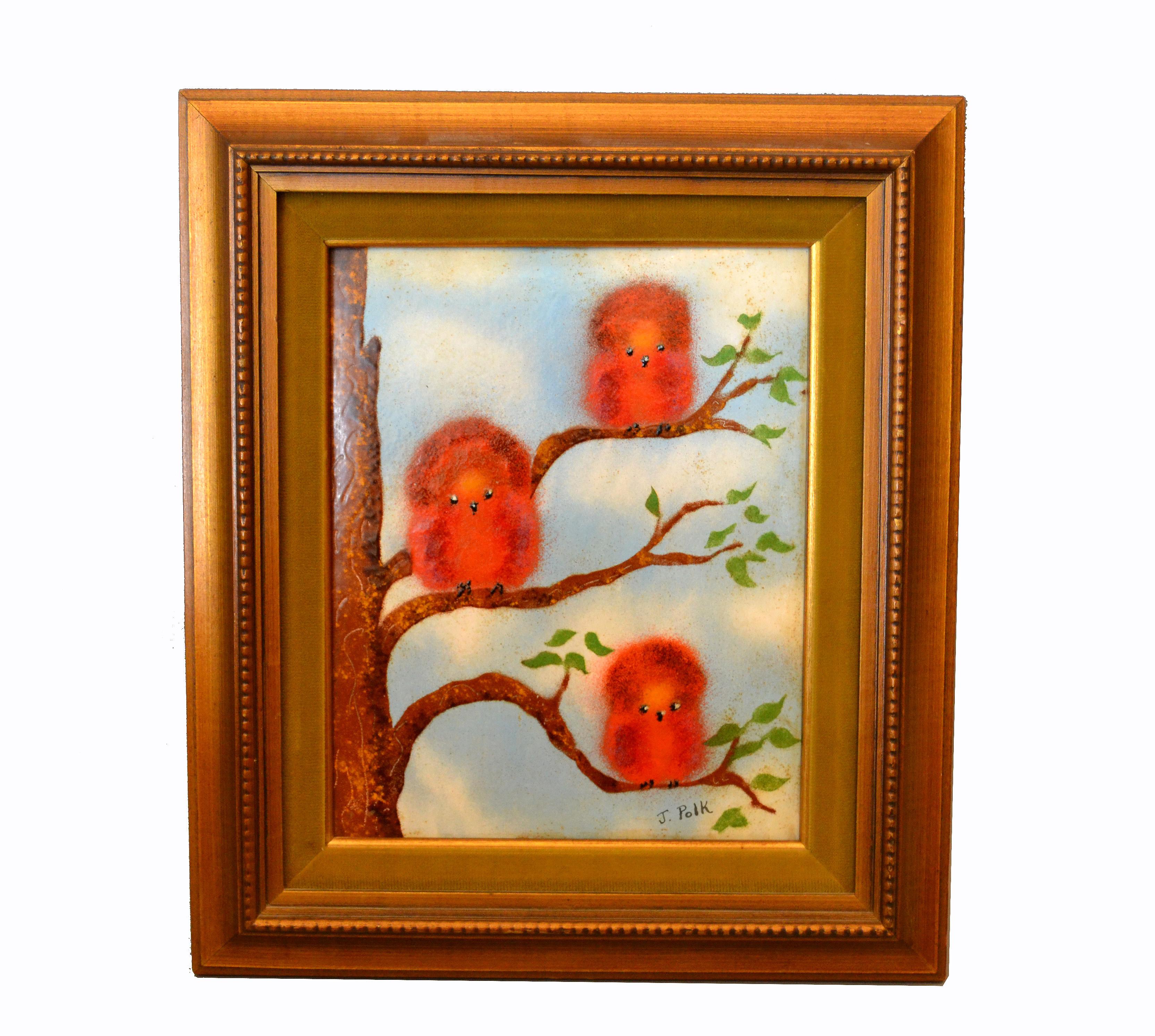 Mid-20th Century Framed Realism Enamel Painting on Copper by J. Polk Three Birds Sitting on Tree