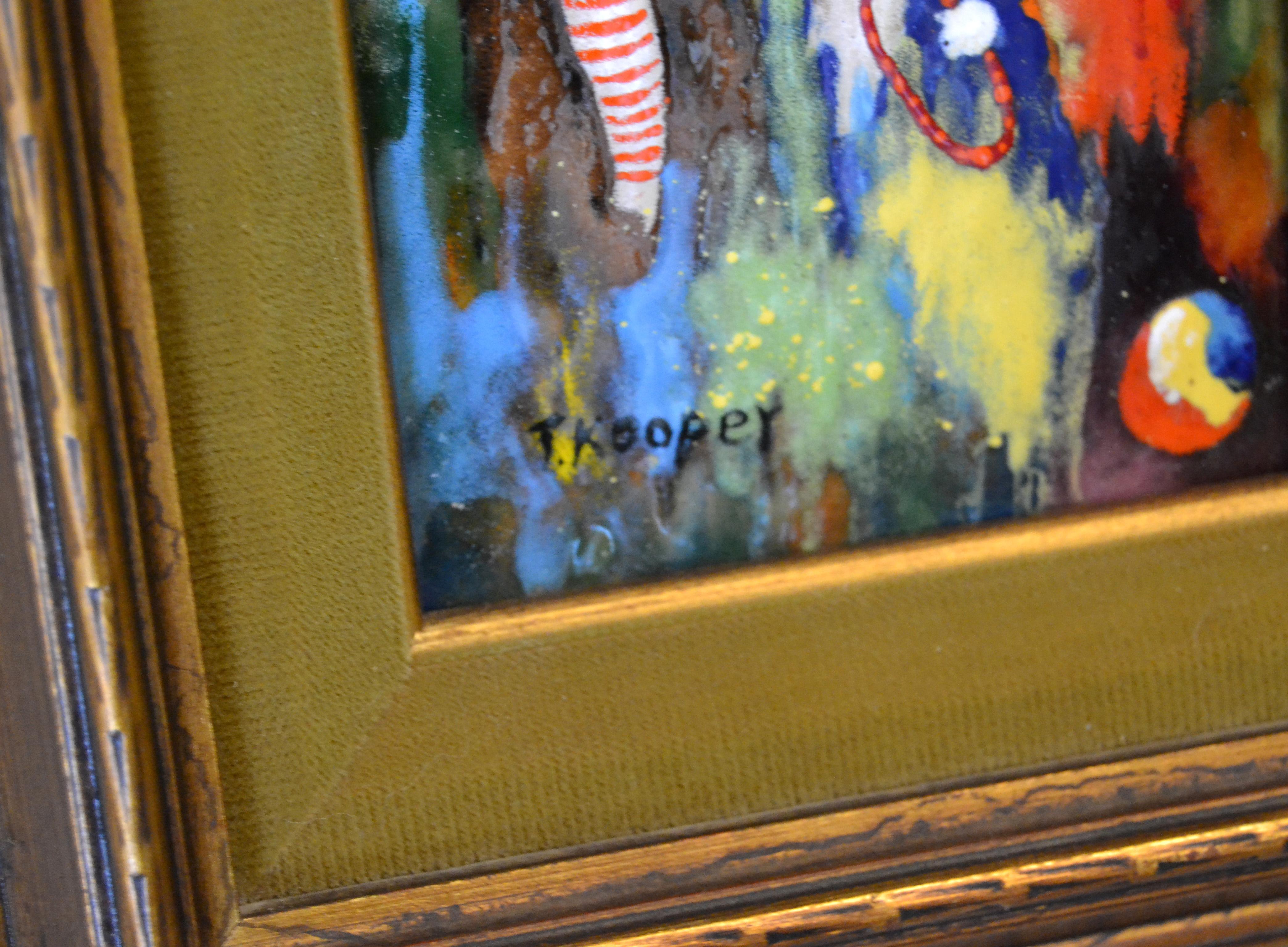 Framed Realism Enamel Painting on Copper by T. Kooper Three Circus Clowns In Good Condition In Miami, FL