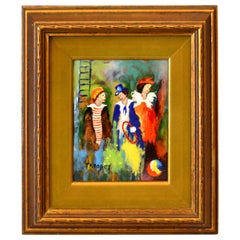 Framed Realism Enamel Painting on Copper by T. Kooper Three Circus Clowns