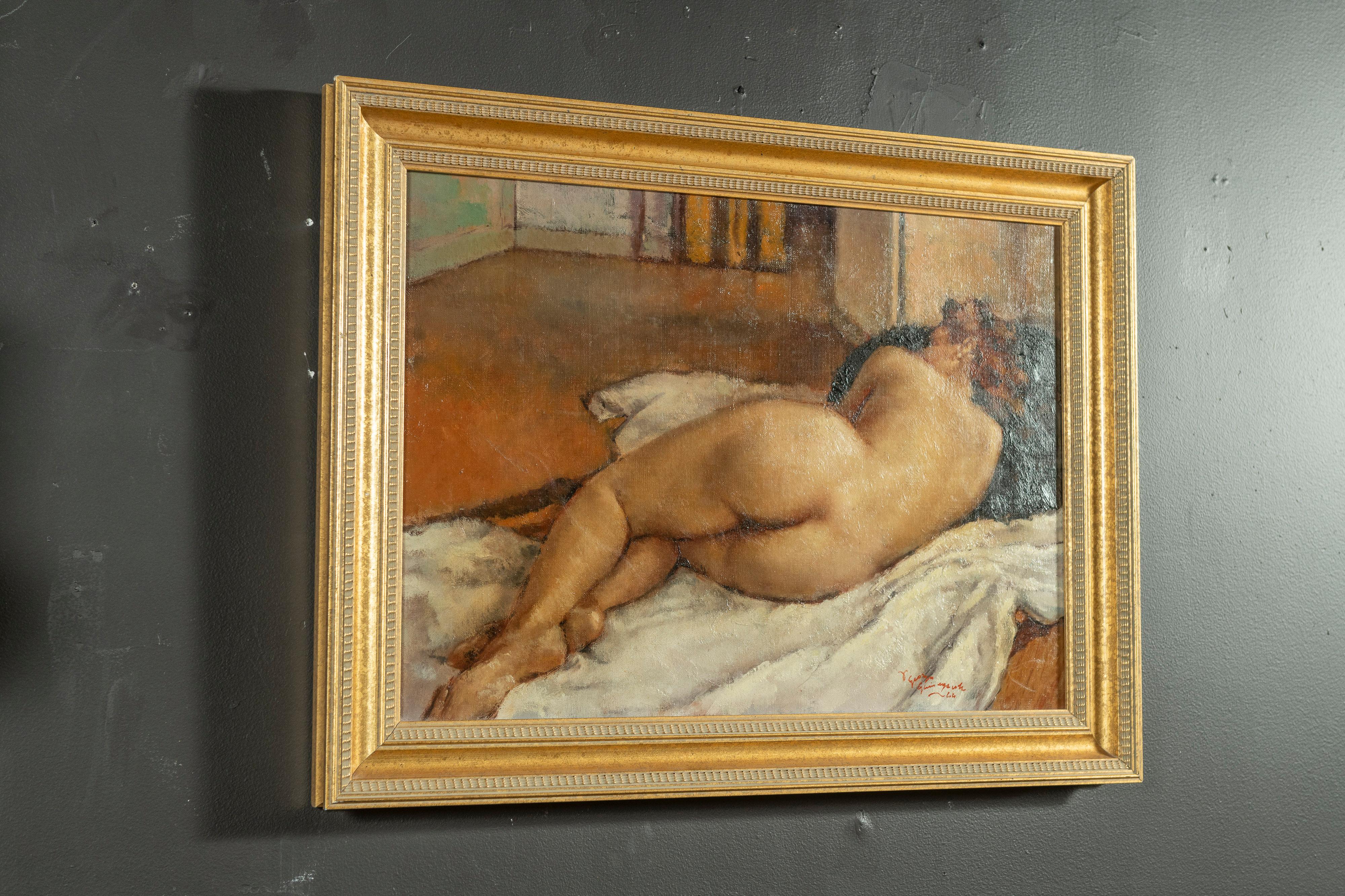 This framed oil on canvas painting, Reclining Nude, is by popular French painter, Georges Pierre Guinegault (1893 – 1952). The palette of the painting is so warm and soothing, with a perspective that is actually modest for a nude of this time