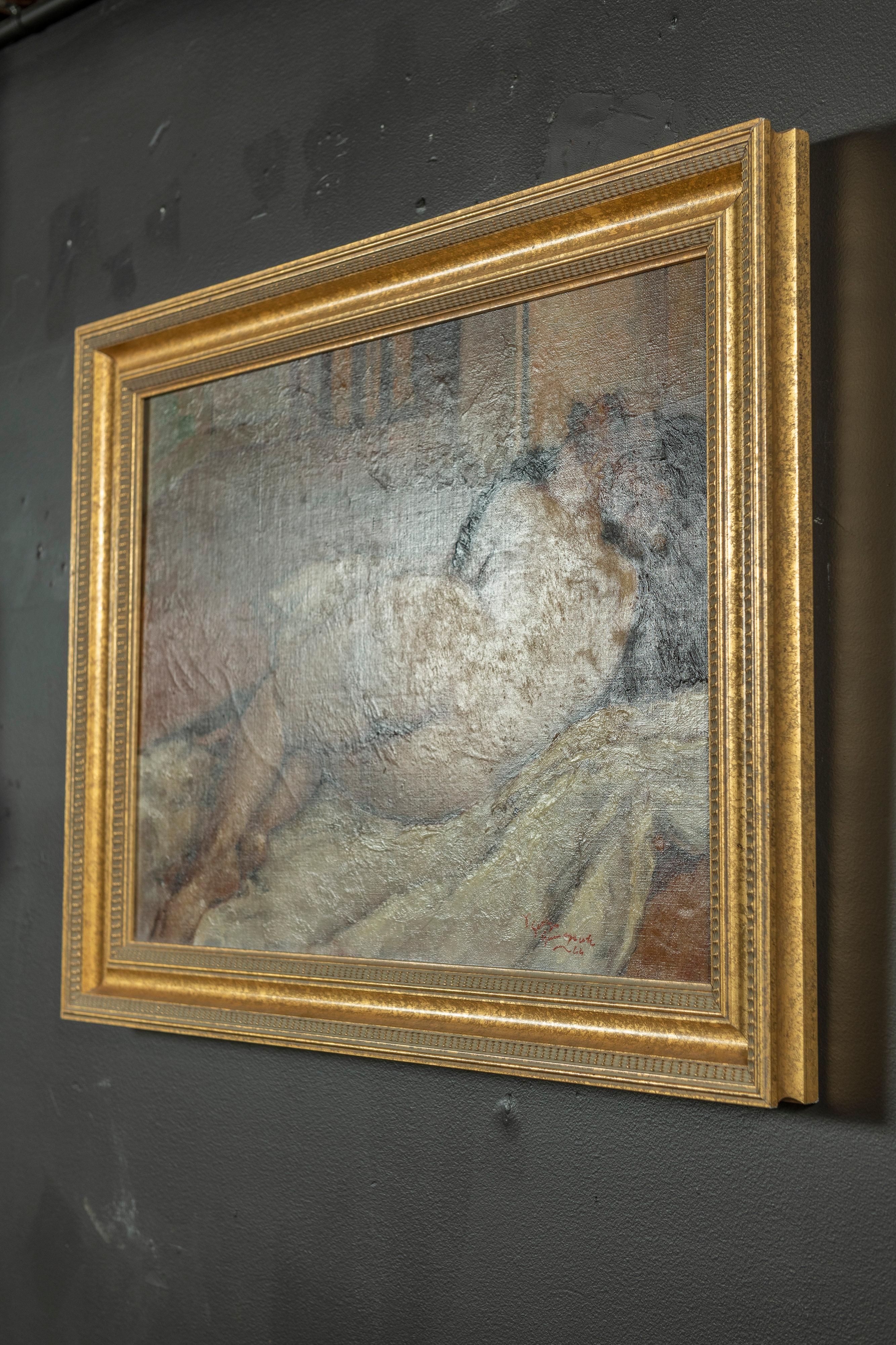 Mid-Century Modern Framed Reclining Nude Oil on Canvas by French Painter Georges Pierre Guinegault  For Sale