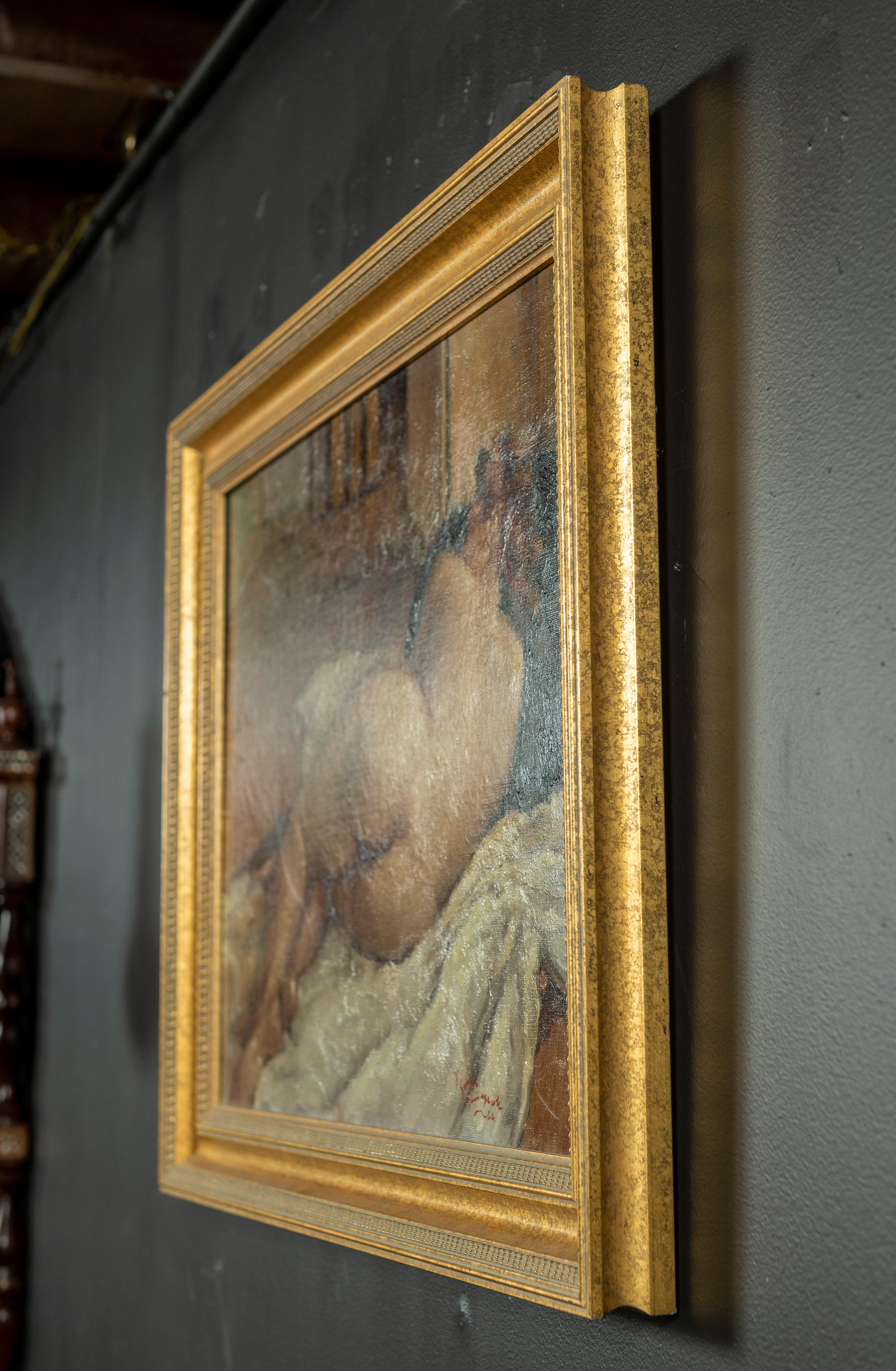 Gilt Framed Reclining Nude Oil on Canvas by French Painter Georges Pierre Guinegault  For Sale