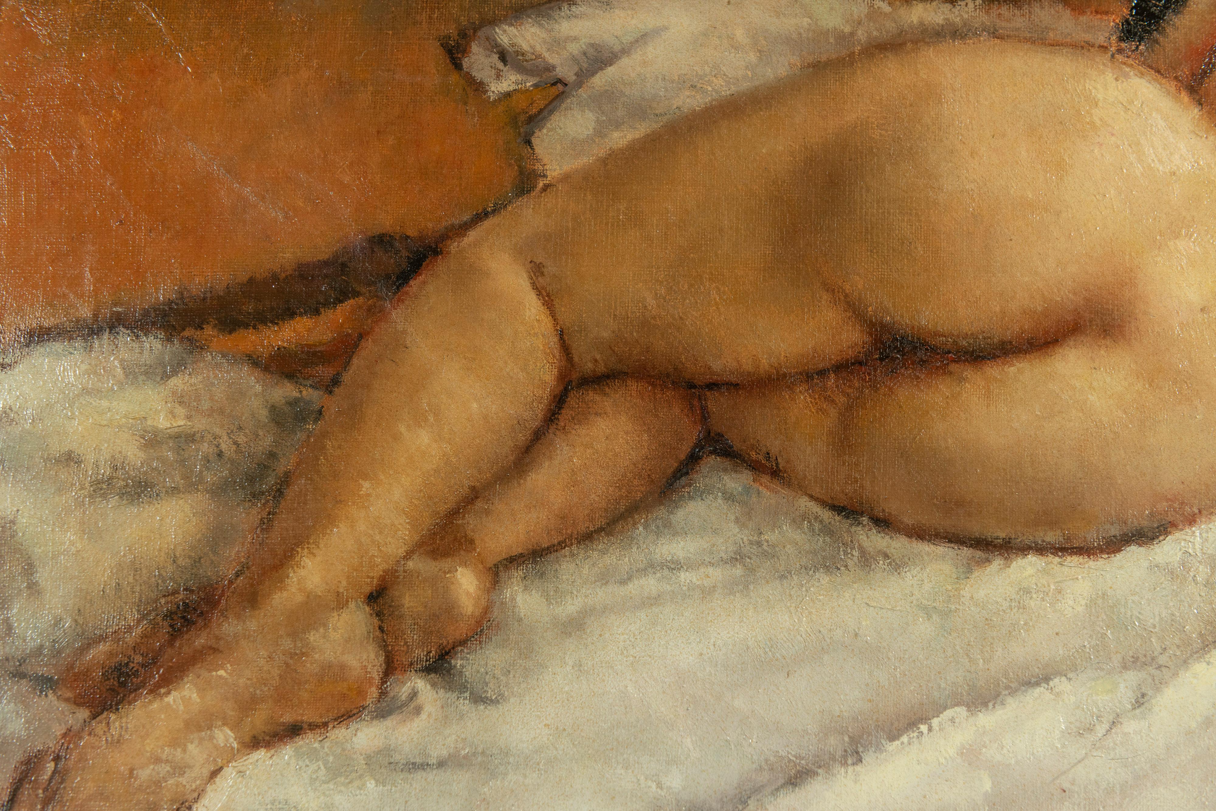 20th Century Framed Reclining Nude Oil on Canvas by French Painter Georges Pierre Guinegault  For Sale