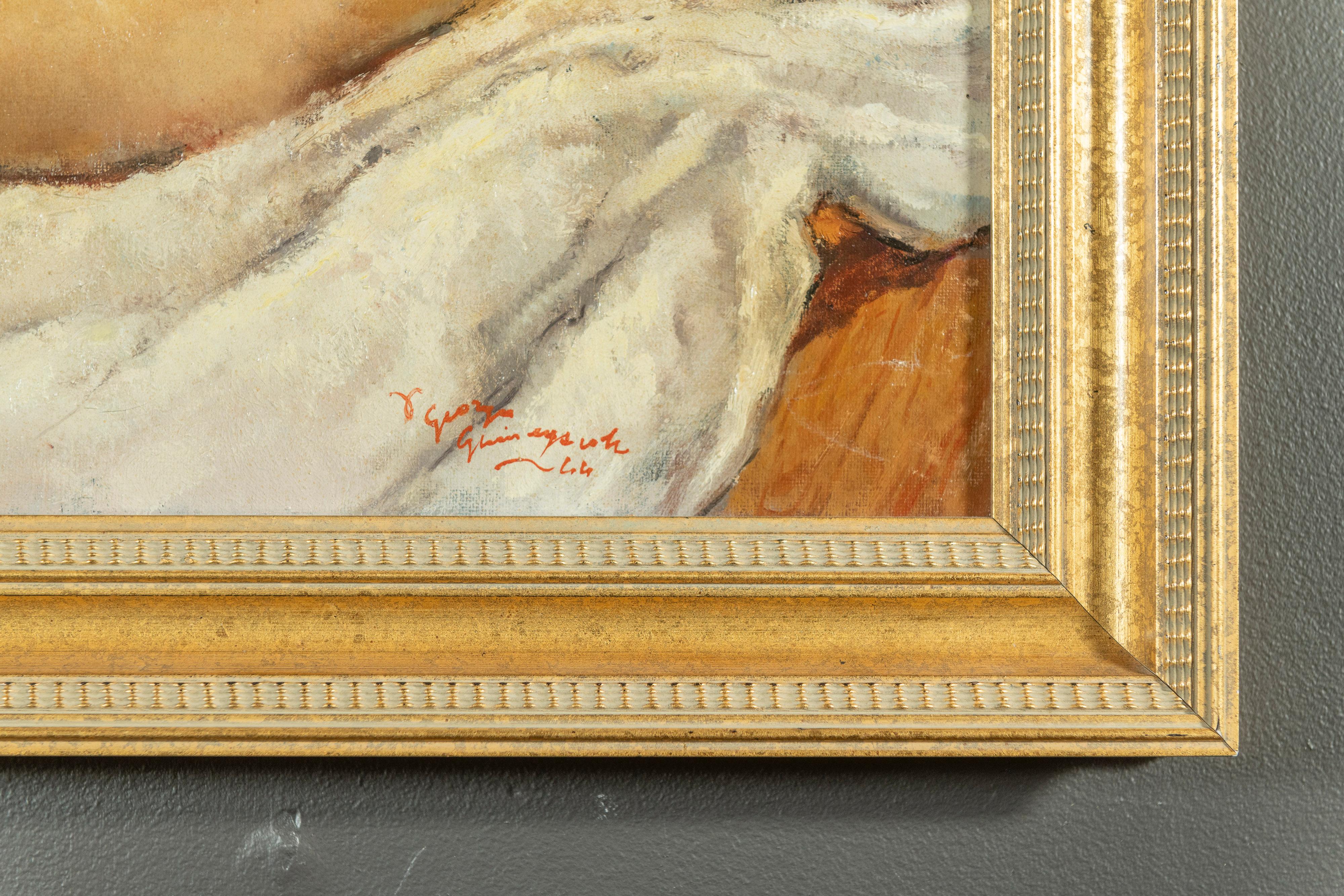 Framed Reclining Nude Oil on Canvas by French Painter Georges Pierre Guinegault  For Sale 1
