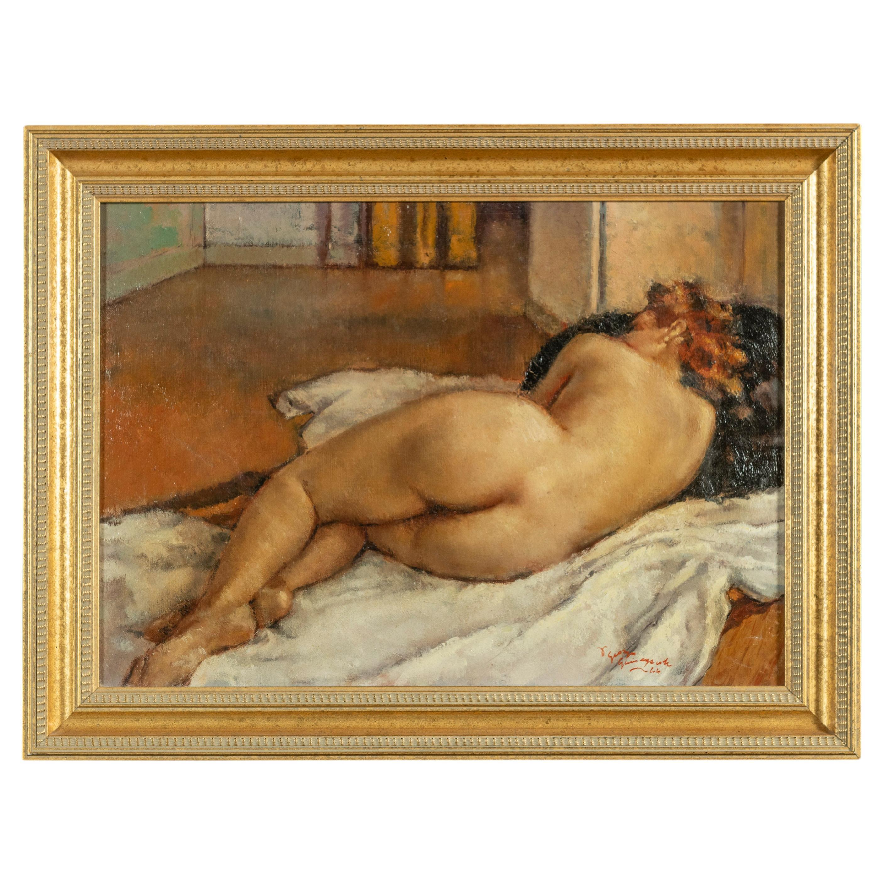 Framed Reclining Nude Oil on Canvas by French Painter Georges Pierre Guinegault  For Sale