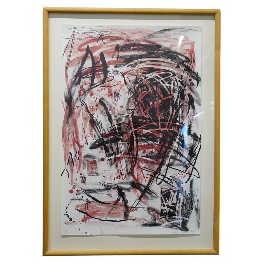 Litografía abstracta roja y negra enmarcada titulada "Montaña Roja" de Louisa Chase en venta