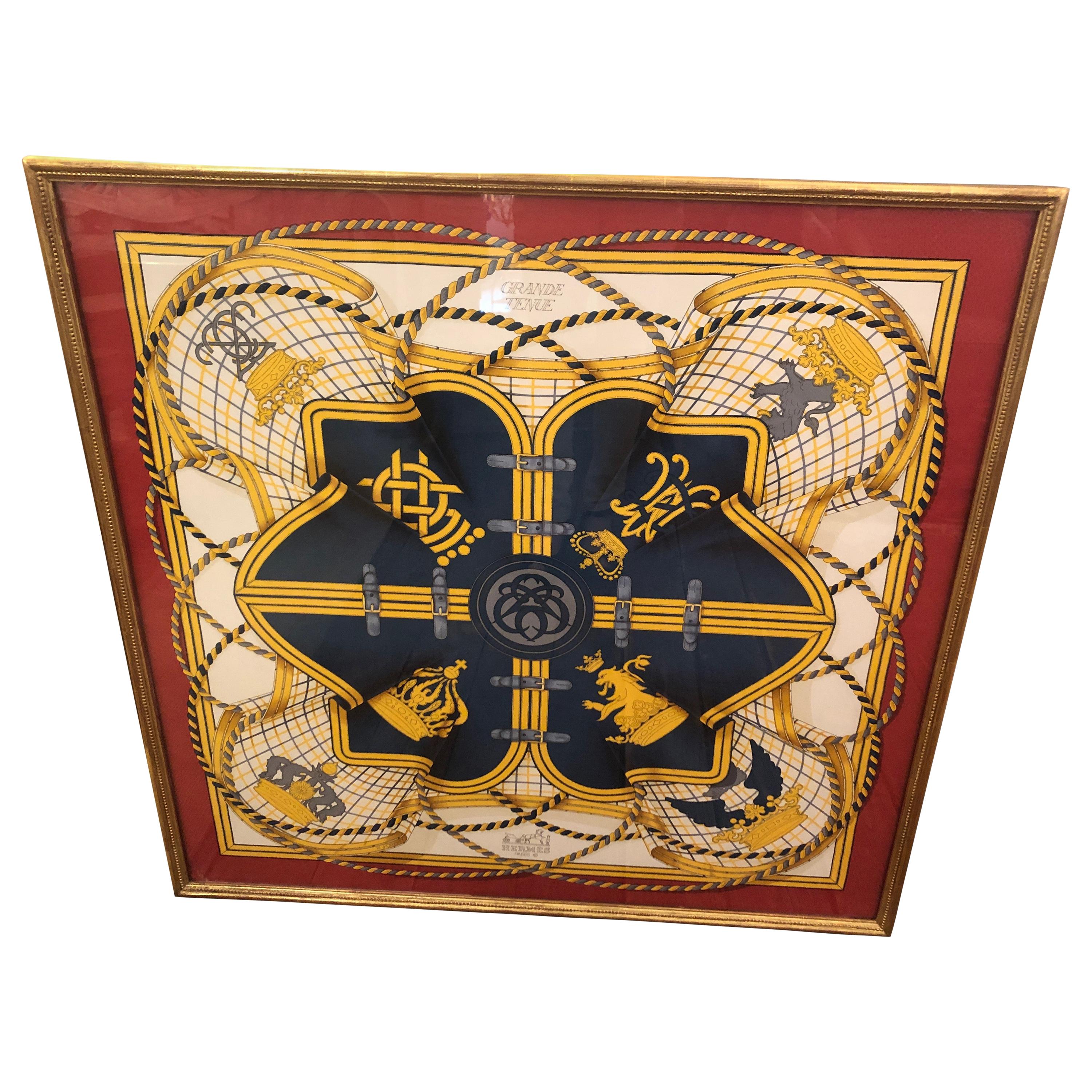 Framed Red Gold and Blue Hermes Scarf Wall Art
