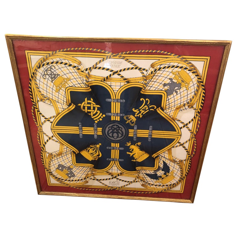 Framed Red Gold and Blue Hermes Scarf Wall Art at 1stDibs