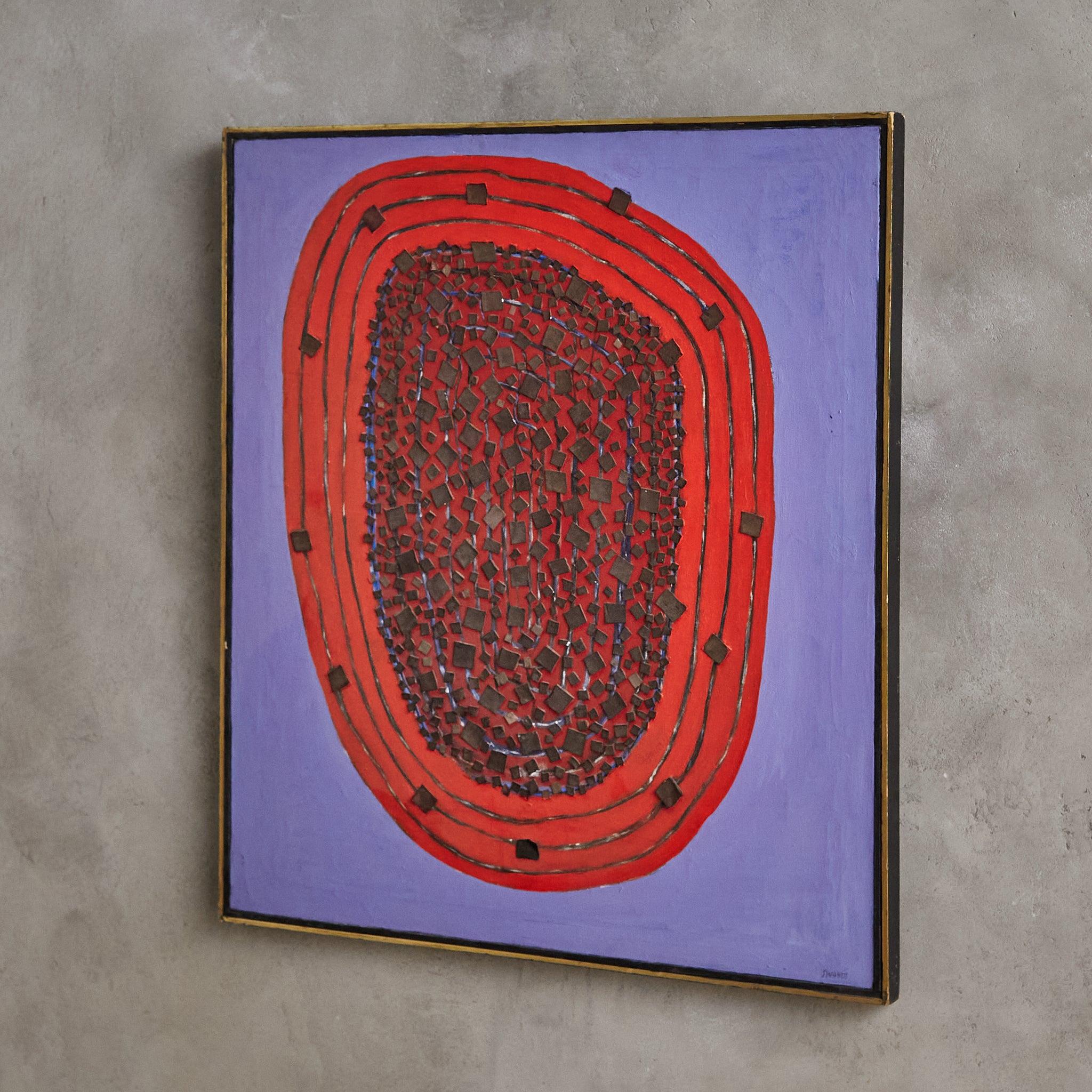Peinture abstraite mixte de l'artiste américaine Clara Shainess (1896-1987). Elle a été acquise auprès d'une collection privée à New York et présente des teintes vibrantes de violet et de rouge. Présenté tel que photographié dans un cadre en bois
