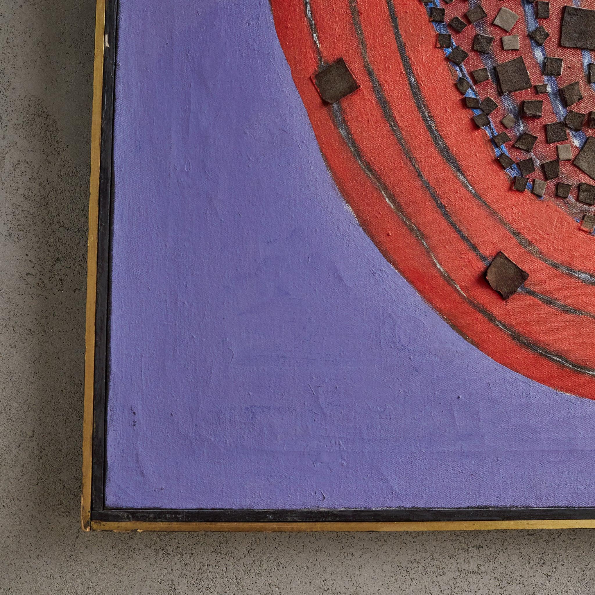 Bois Peinture abstraite en techniques mixtes rouge et violet encadrée de Clara Shainess en vente