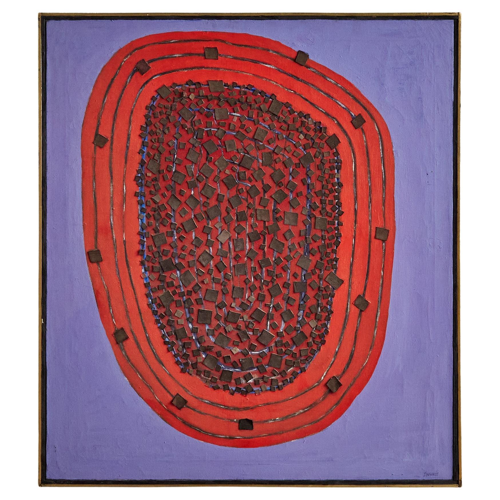 Quadro astratto a tecnica mista rosso e viola di Clara Shainess incorniciato