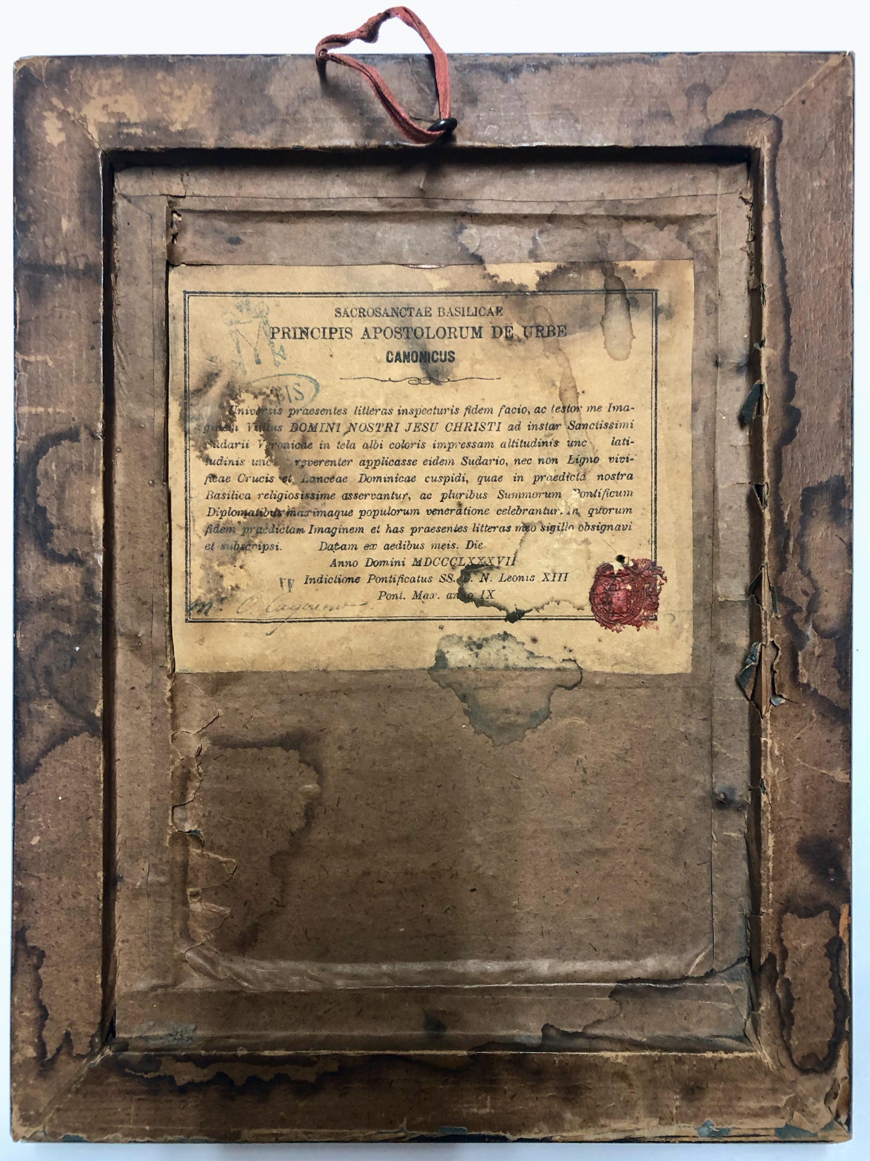 Framed Relic Image of Veronica's Veil, with Vatican Seal and Stamp, Verso 2
