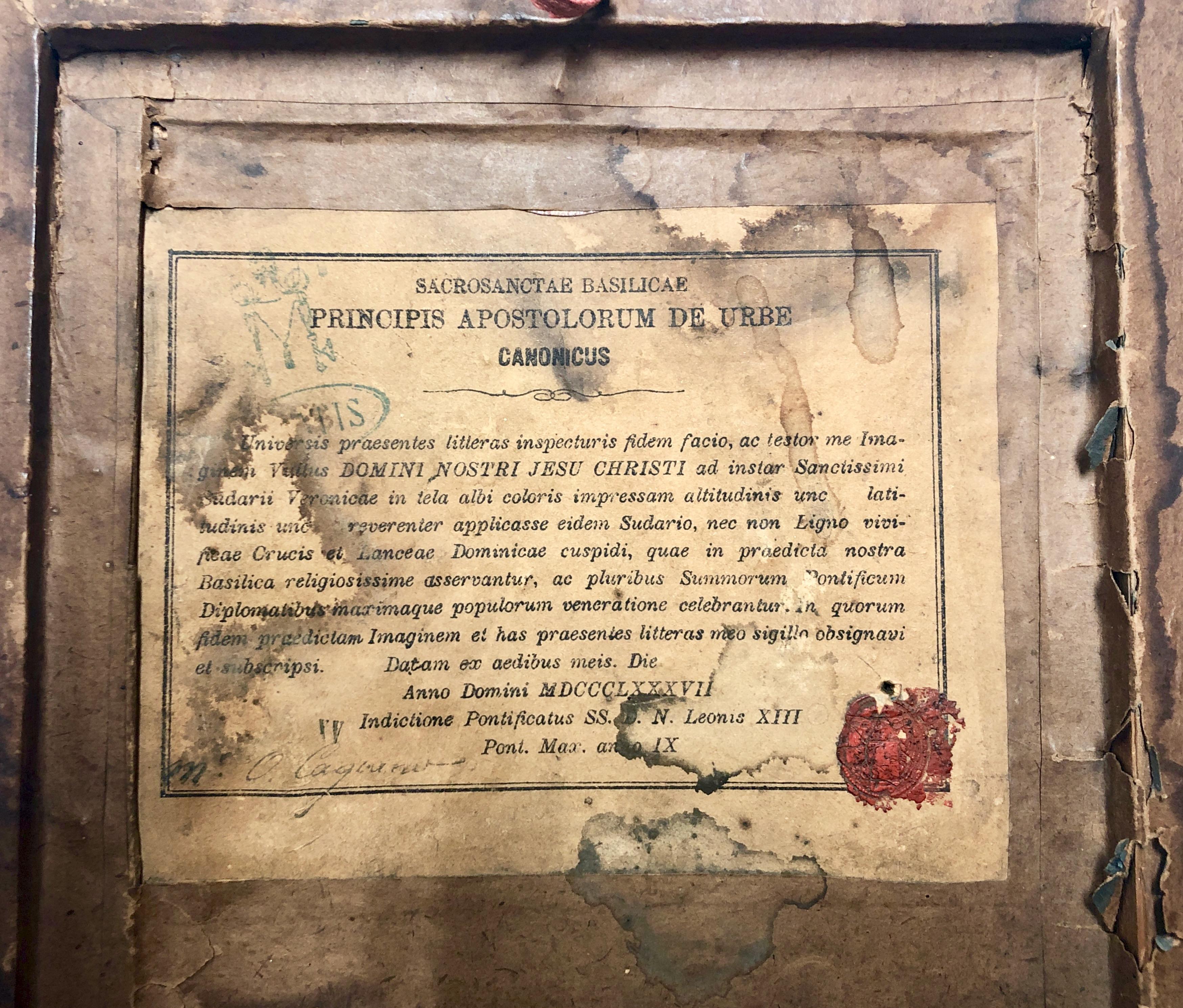 Framed Relic Image of Veronica's Veil, with Vatican Seal and Stamp, Verso 3