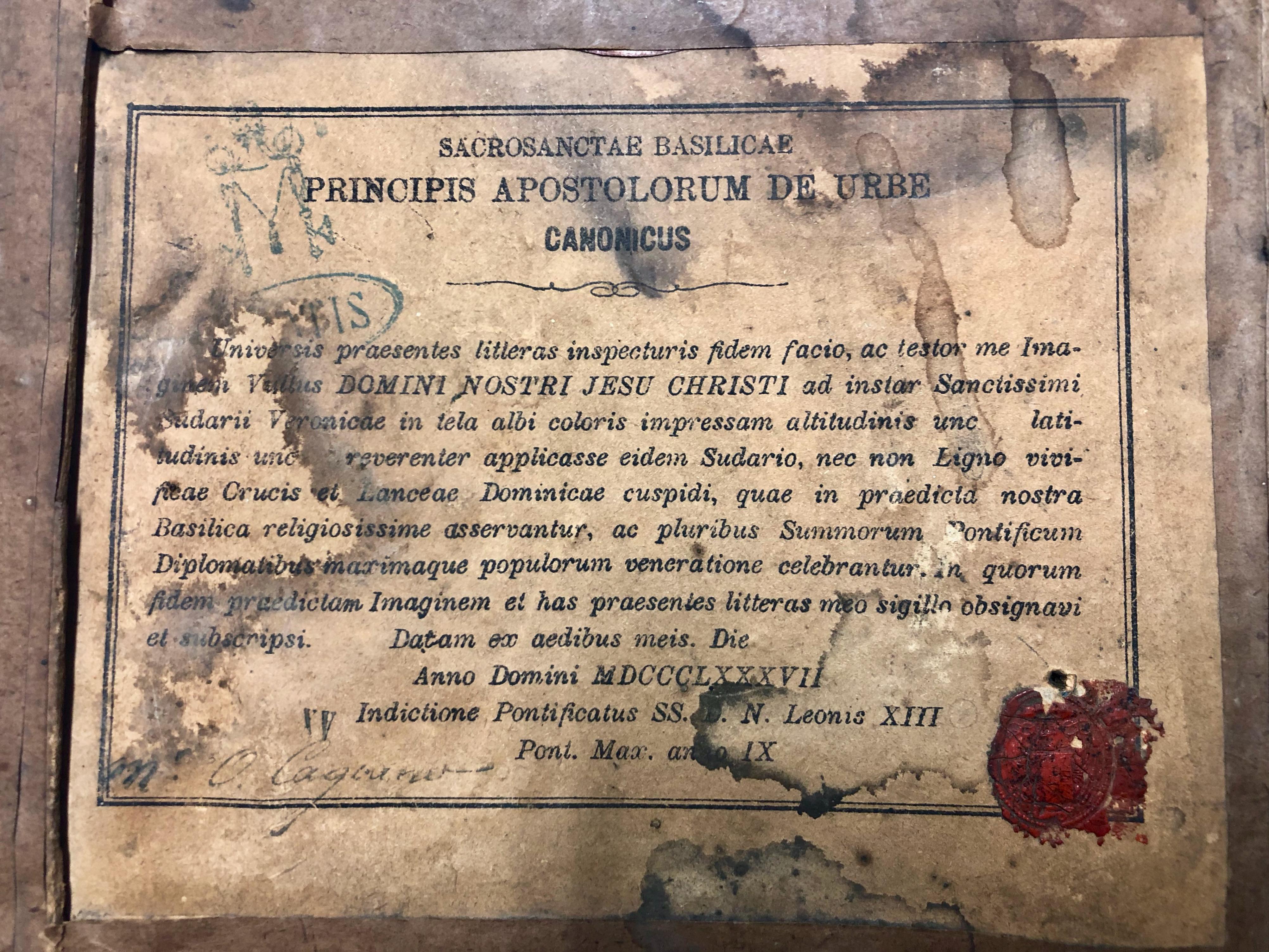 French Framed Relic Image of Veronica's Veil, with Vatican Seal and Stamp, Verso