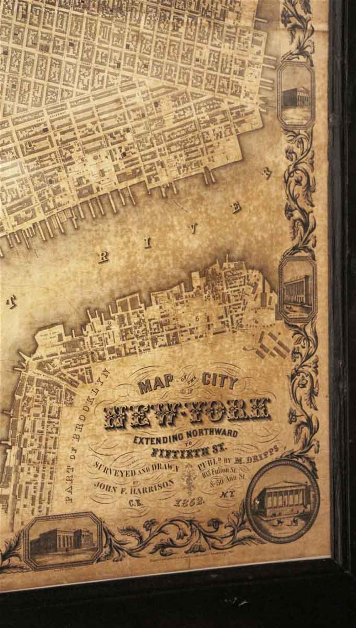 American Framed Replica Map of 1852 City of New York in a Wood Frame