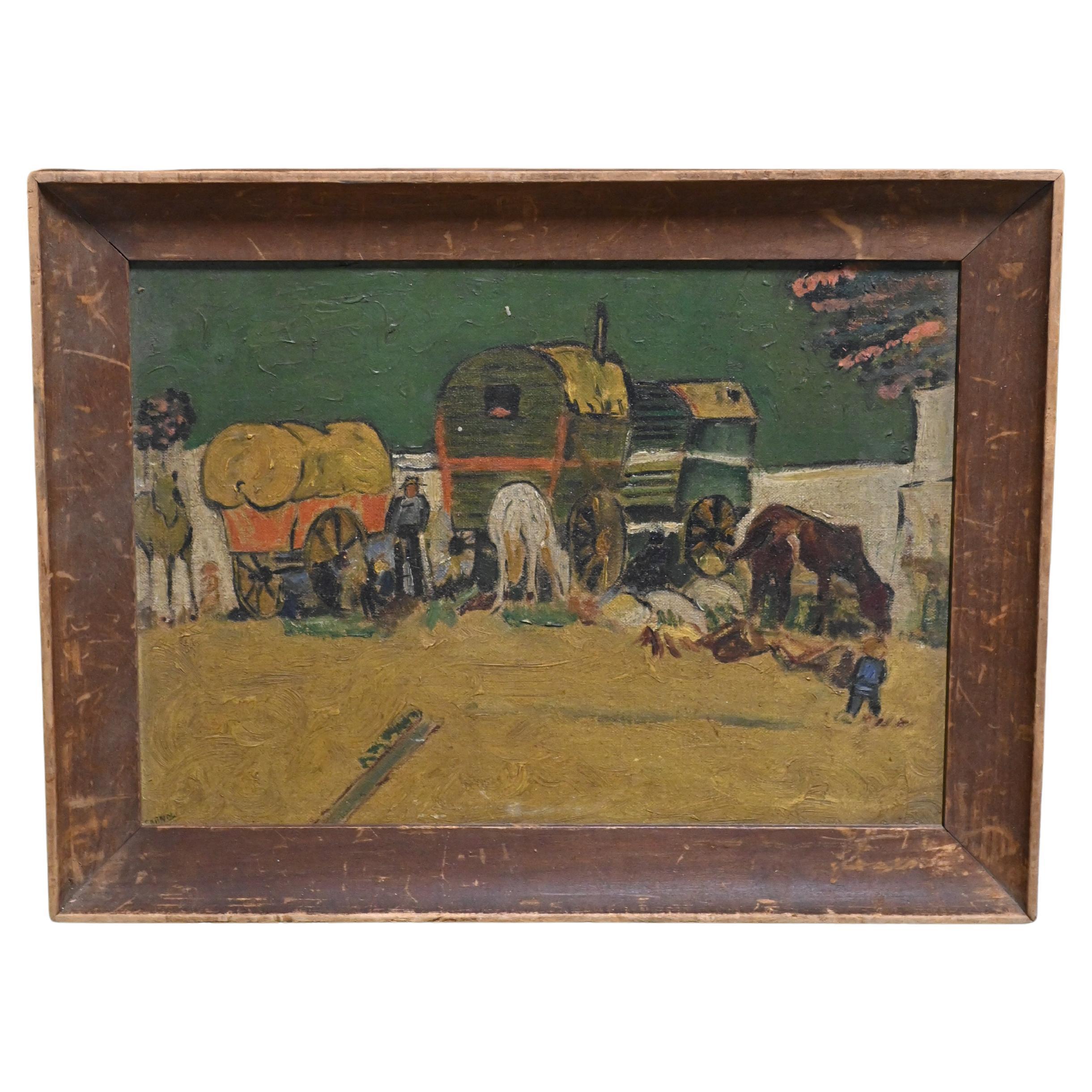 Framed Reproduction of Van Gogh's Encampment of Gypsies with Caravans For Sale