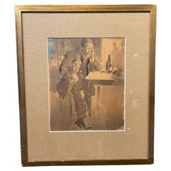 Framed Robert Mayfield Ink Wash Study of Man Drinking in Pub