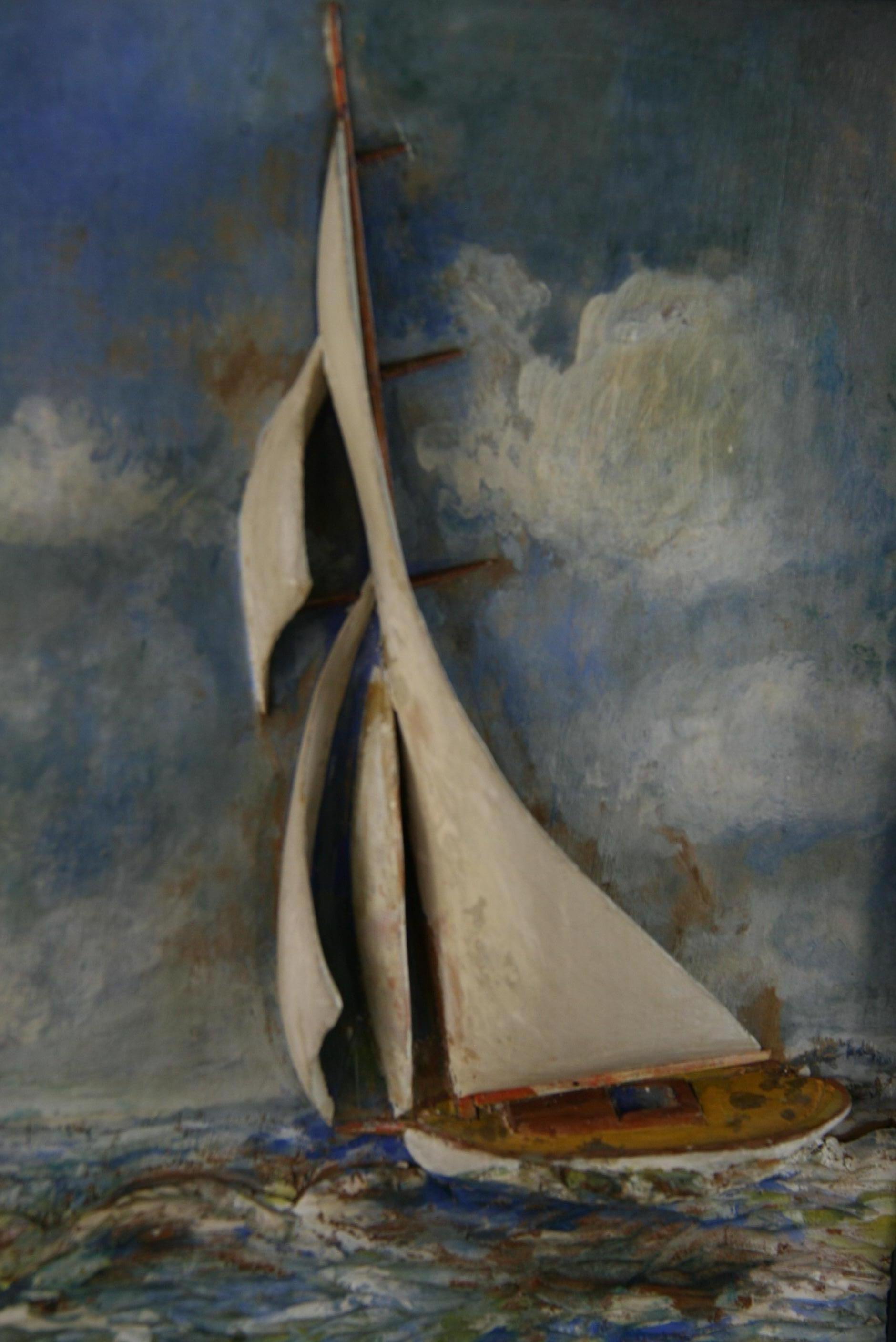 Volkskunst Diorama Gerahmte Segelbootschnitzerei im Zustand „Gut“ im Angebot in Douglas Manor, NY