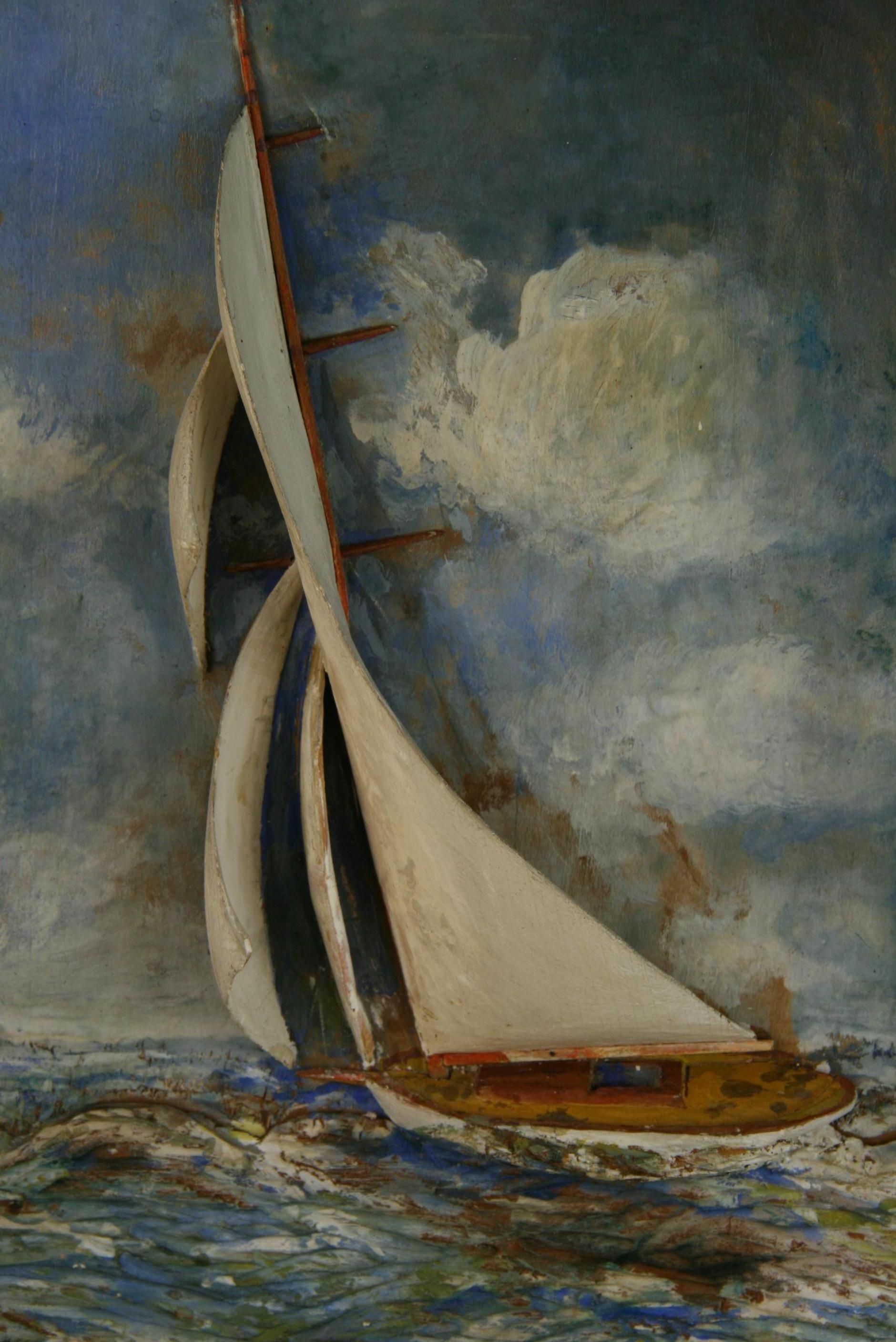 Volkskunst Diorama Gerahmte Segelbootschnitzerei (Frühes 20. Jahrhundert) im Angebot