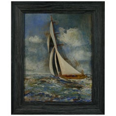 Antique Folk Art Diorama Framed Sailboat Carving